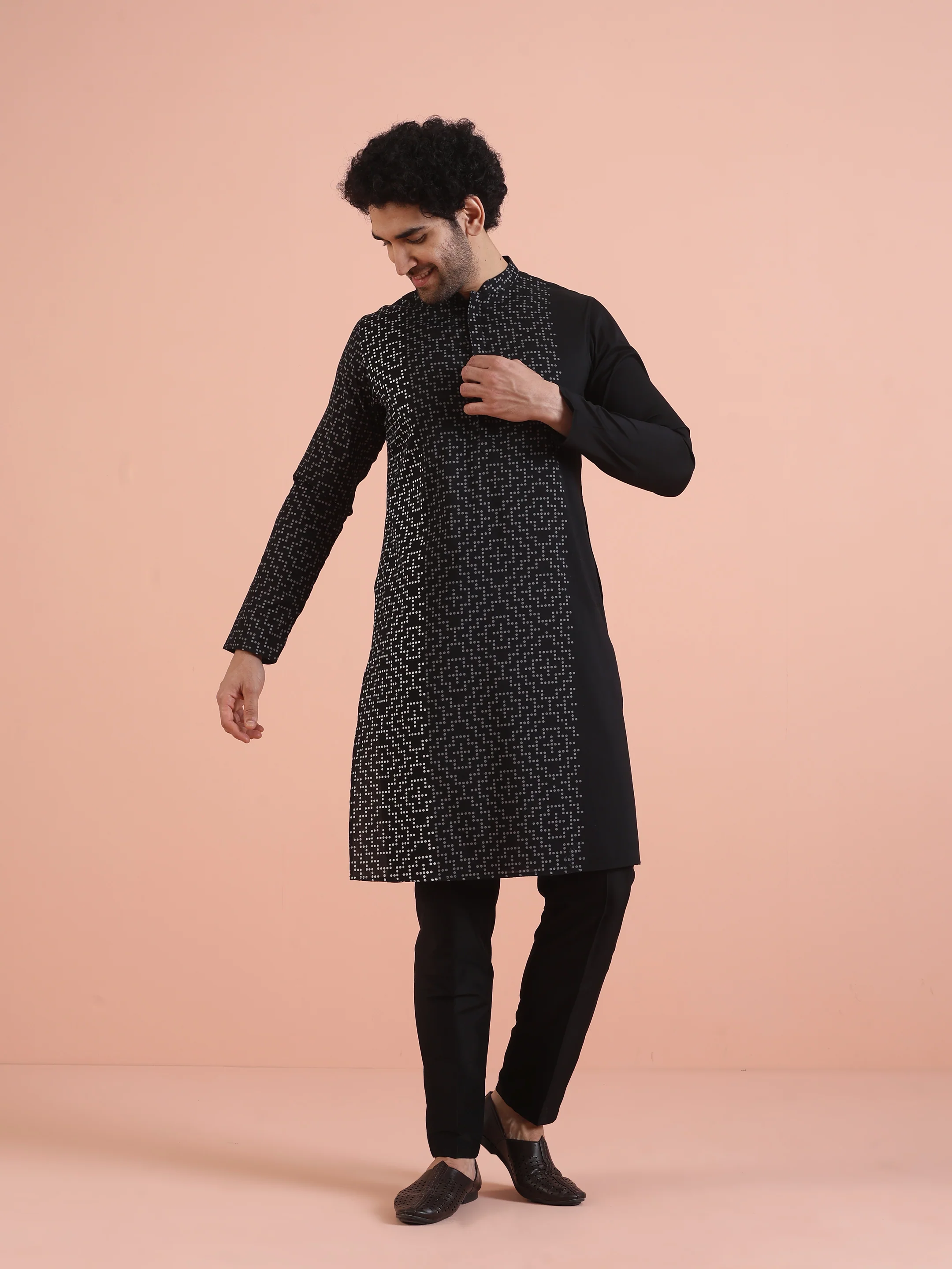 Men Black Printed Geometric Kurta Trouser Set - Image 8