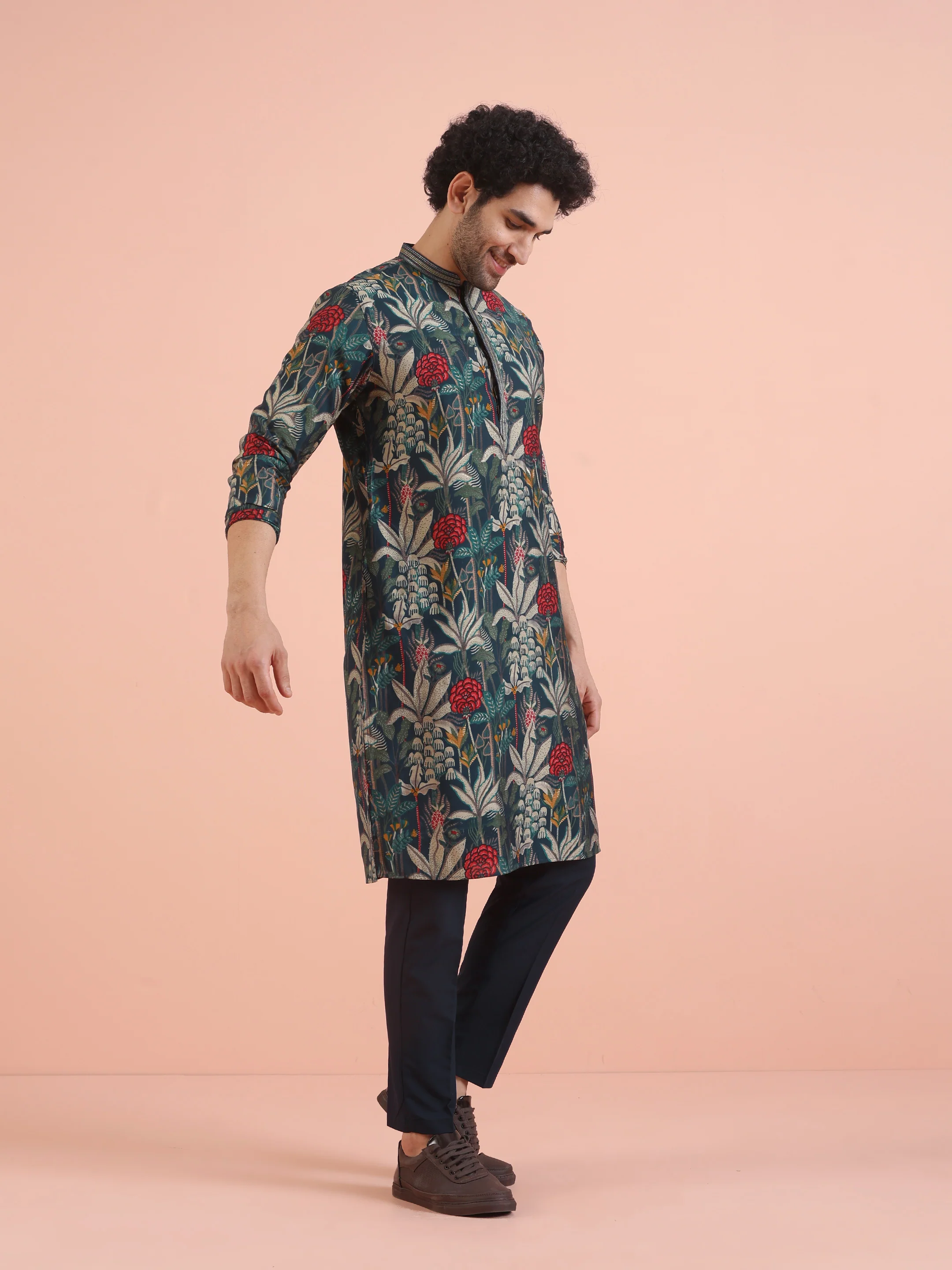 Navy Blue Floral Kurta Trouser Set - Image 2