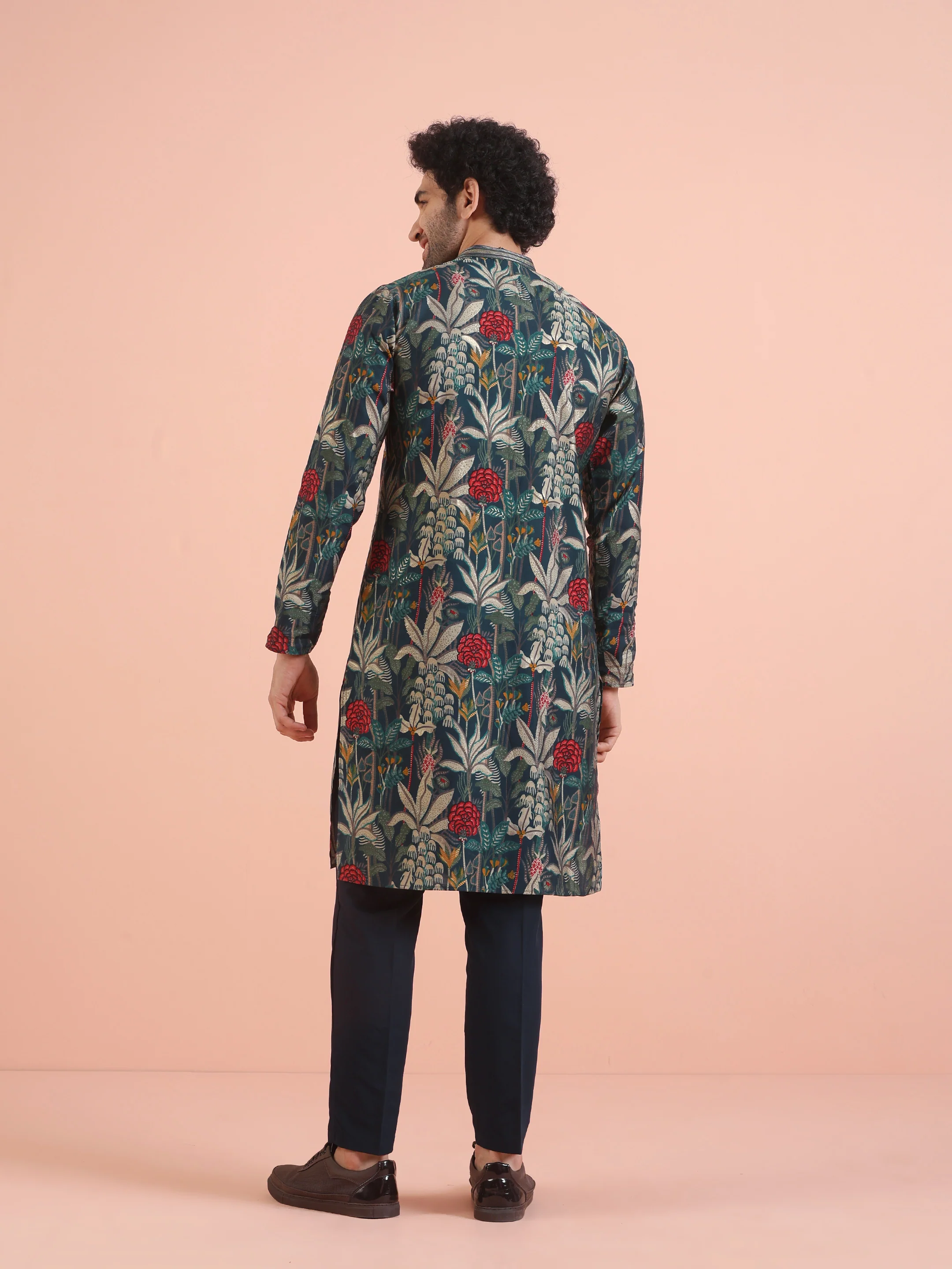 Navy Blue Floral Kurta Trouser Set - Image 4