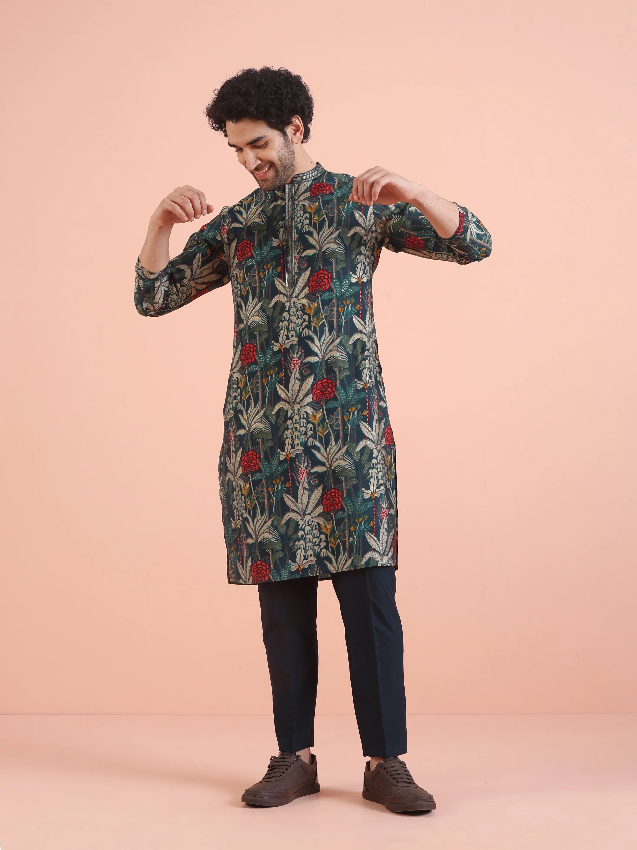Navy Blue Floral Kurta Trouser Set - Image 7