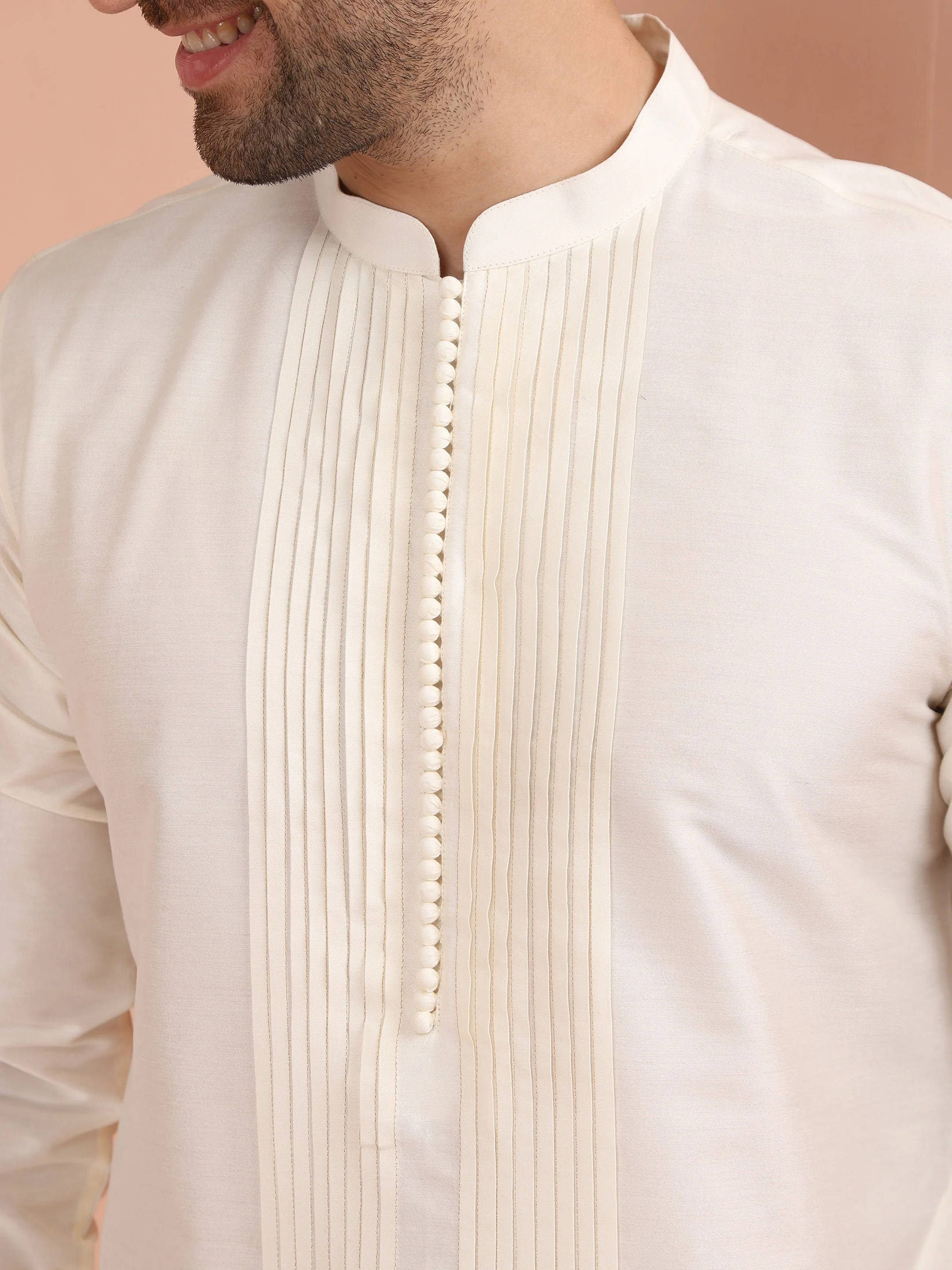 Cream Silk Blend Pintuck Solid Kurta - Image 5