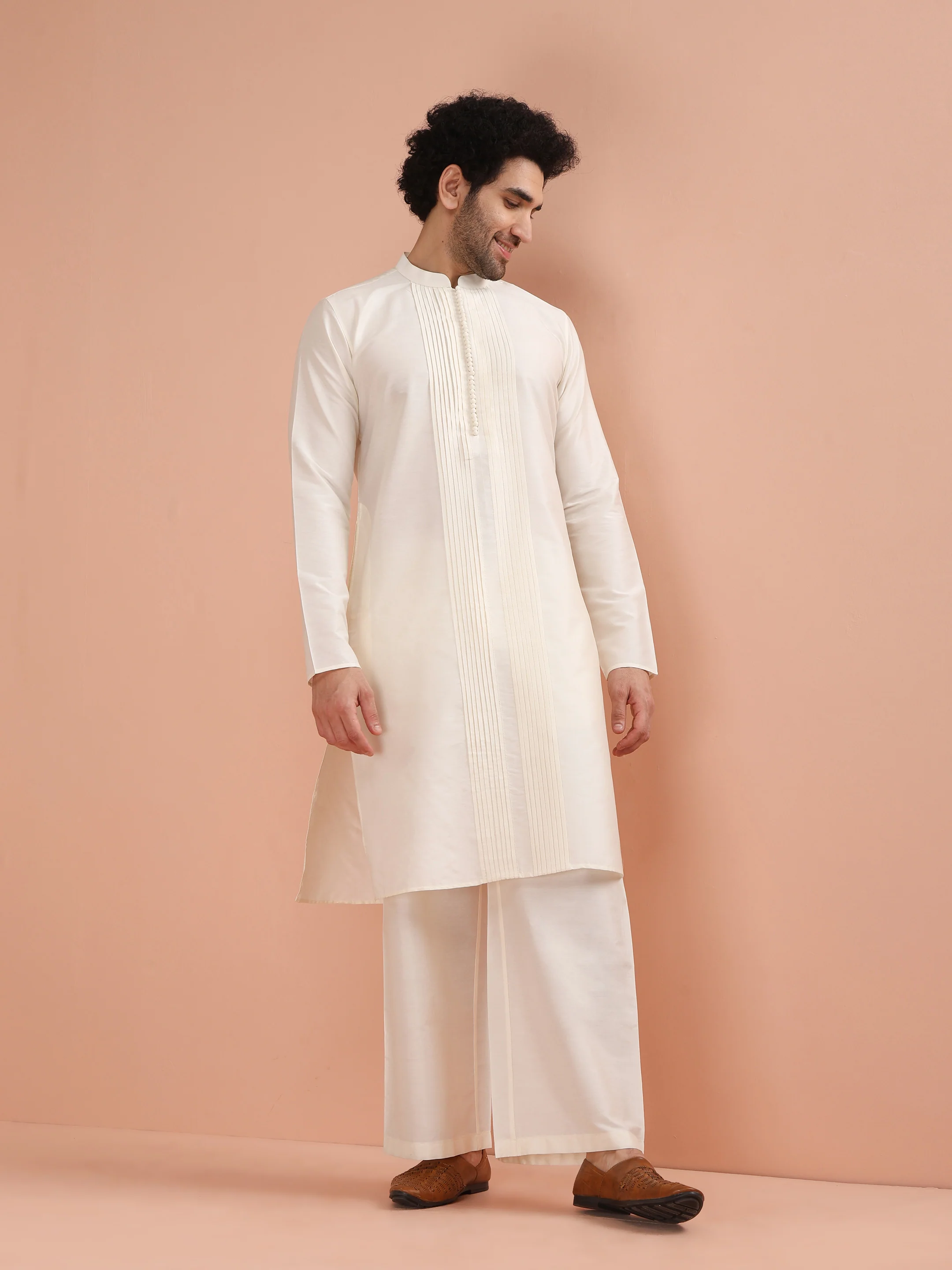 Cream Silk Blend Pintuck Solid Kurta - Image 7