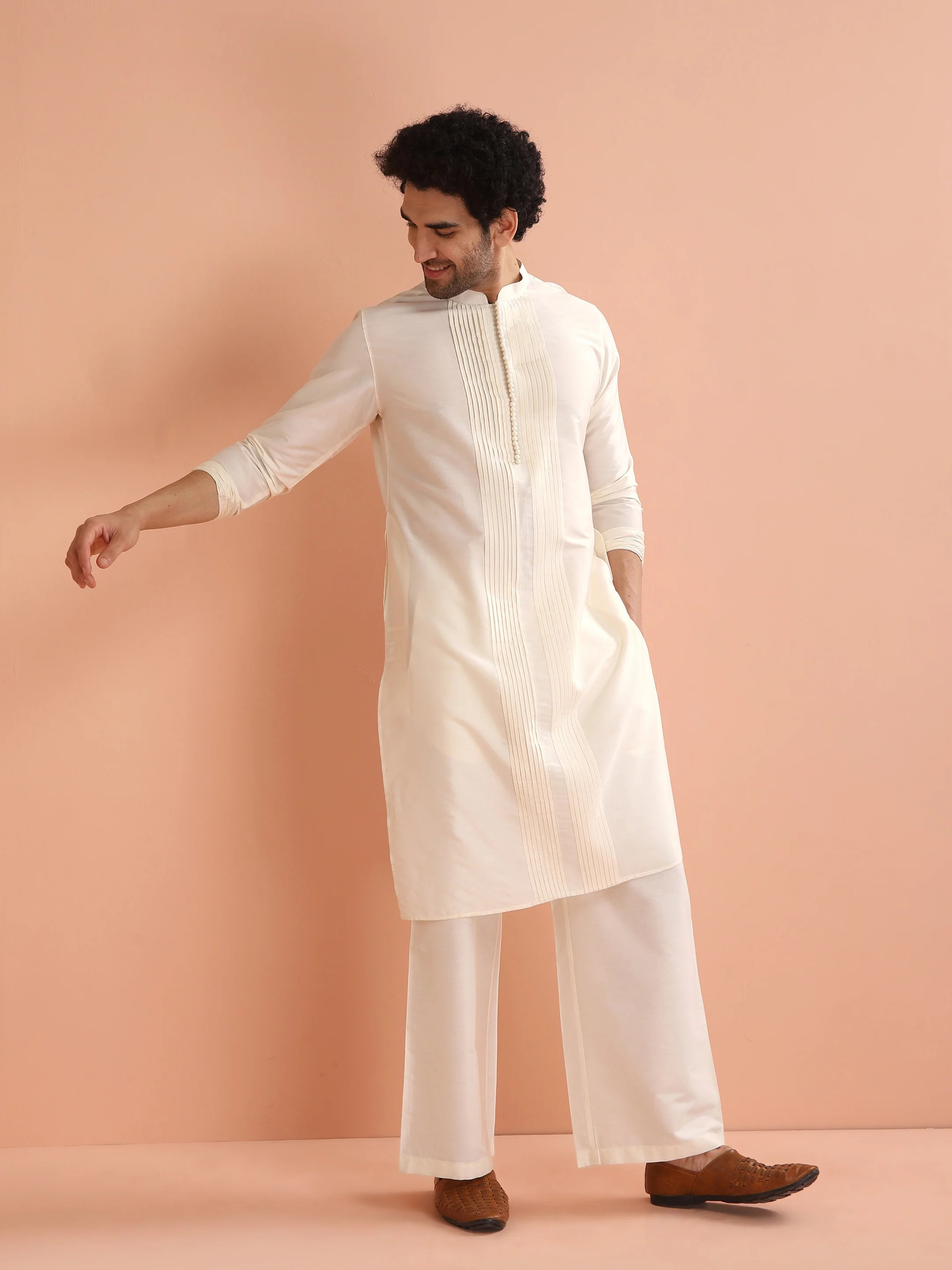 Cream Silk Blend Pintuck Solid Kurta - Image 8