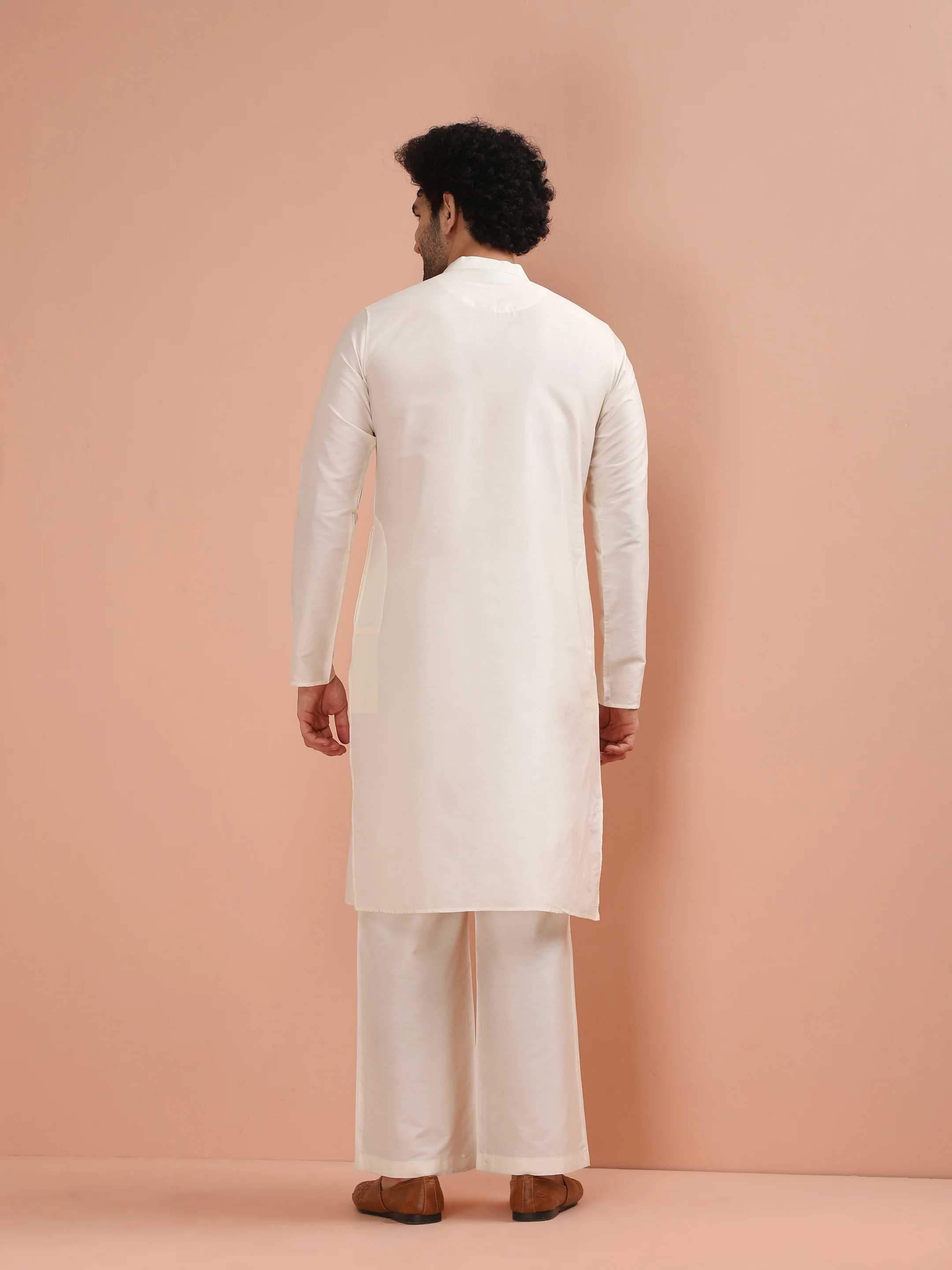 Cream Pintuck Kurta with White Wide Leg Pant - Image 4