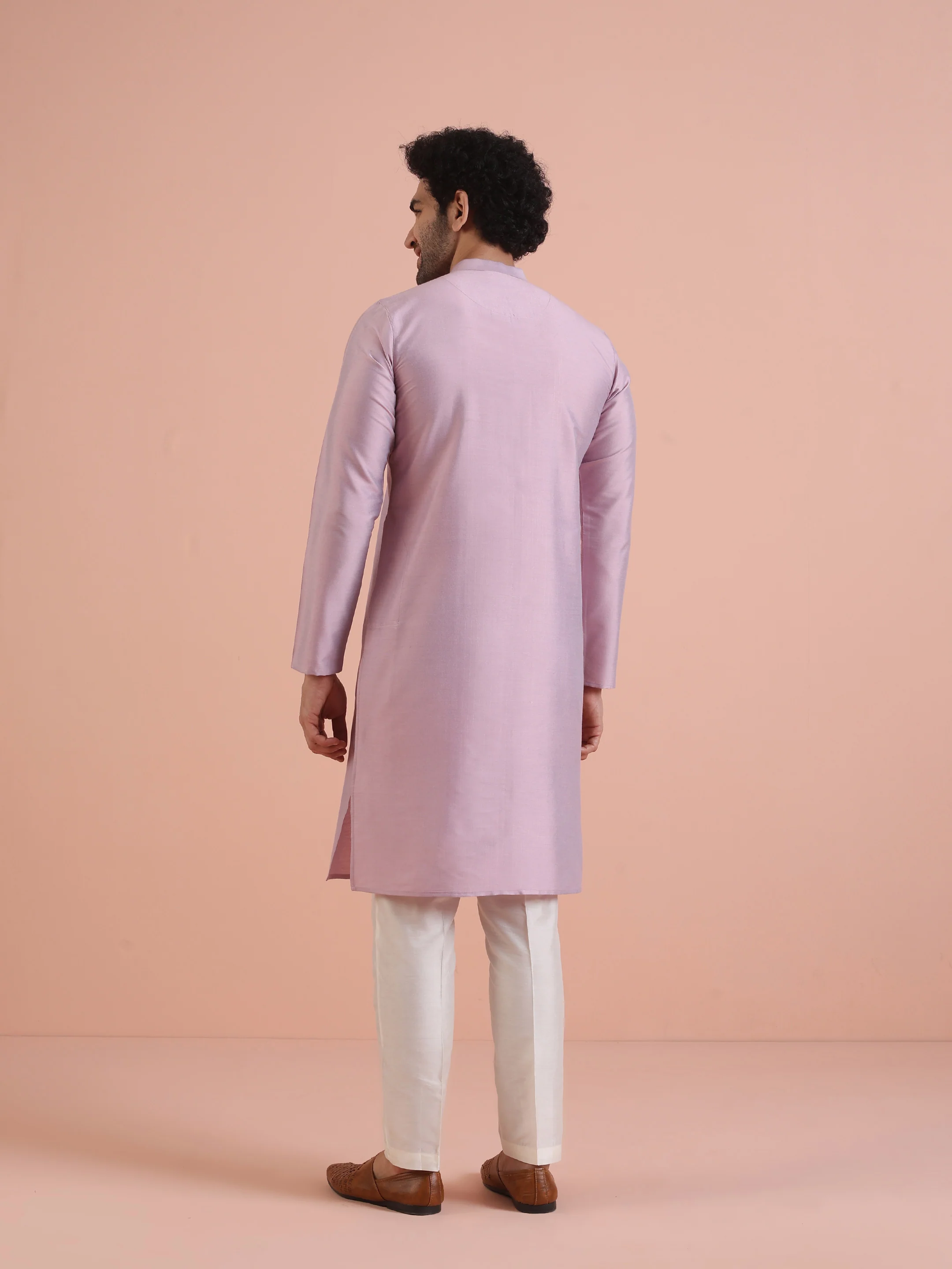 Men Onion pink Pleated Ethnic Motifs Kurta - Image 4