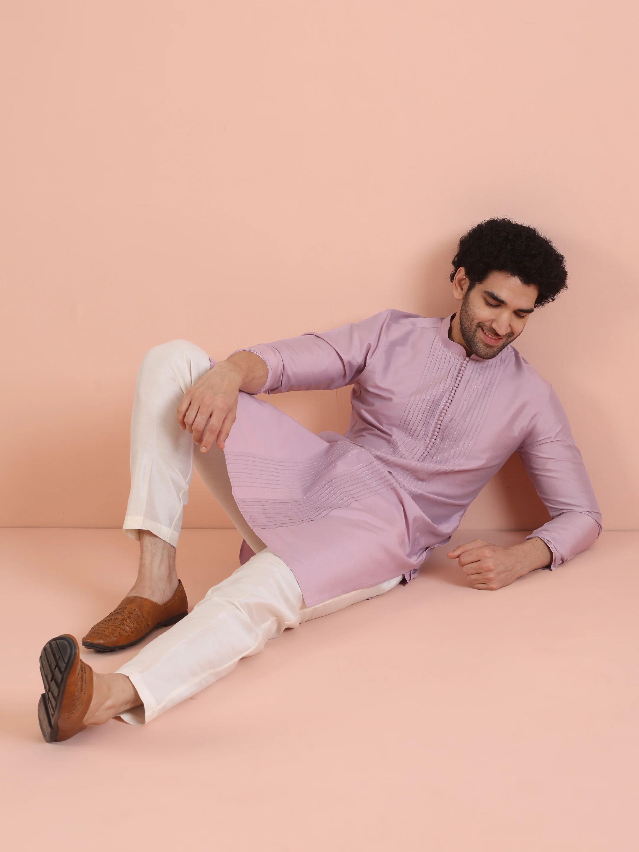 Men Onion pink Pleated Ethnic Motifs Kurta - Image 7