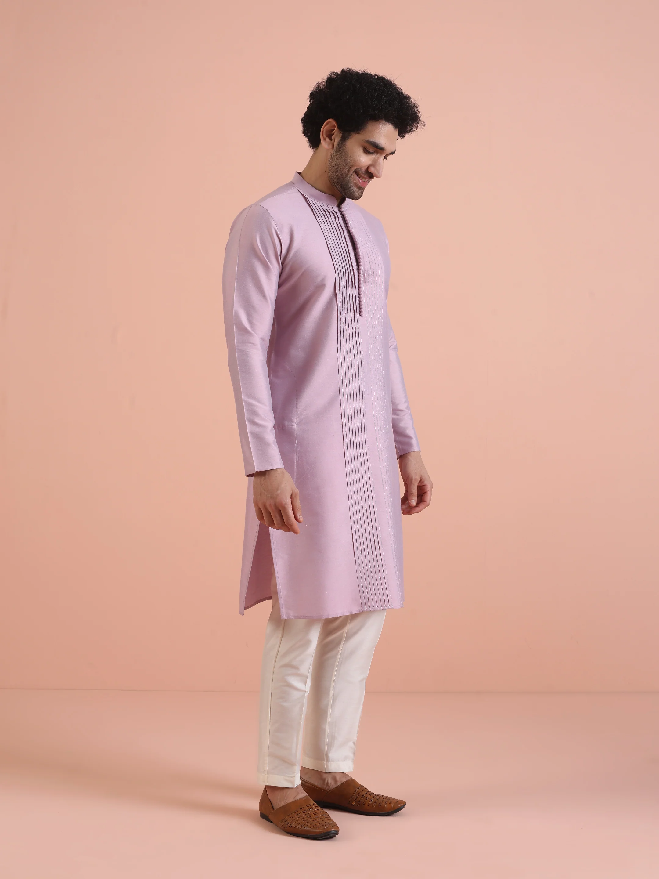 Men Onion pink Pleated Pleated Kurta Trouser Set - Image 2