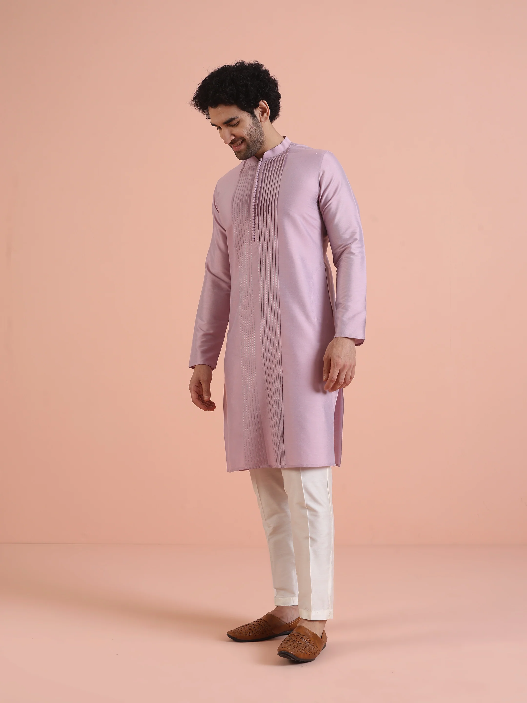 Men Onion pink Pleated Pleated Kurta Trouser Set - Image 3