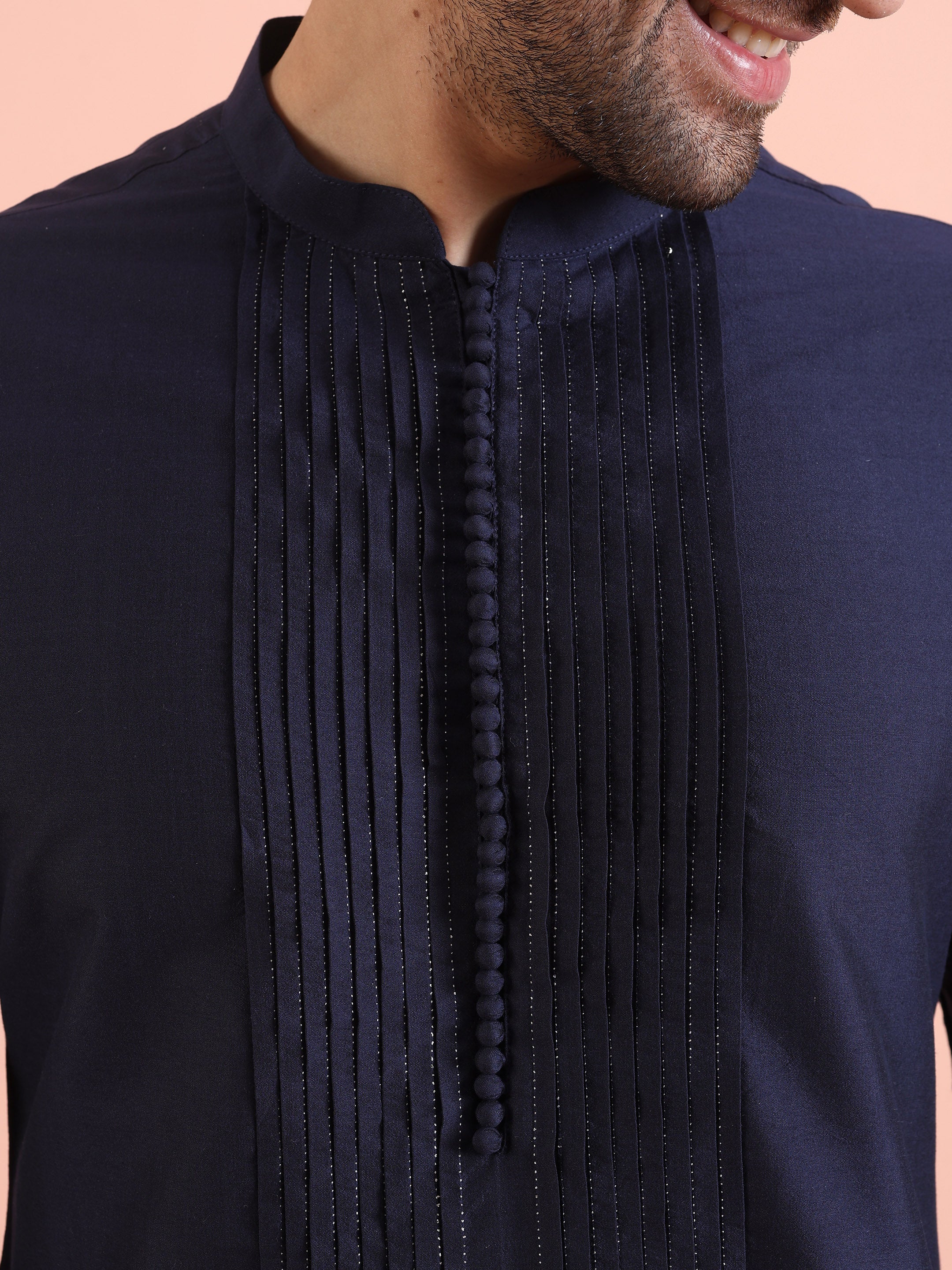 Men Navy Blue Pleated Ethnic Motifs Kurta - Image 5