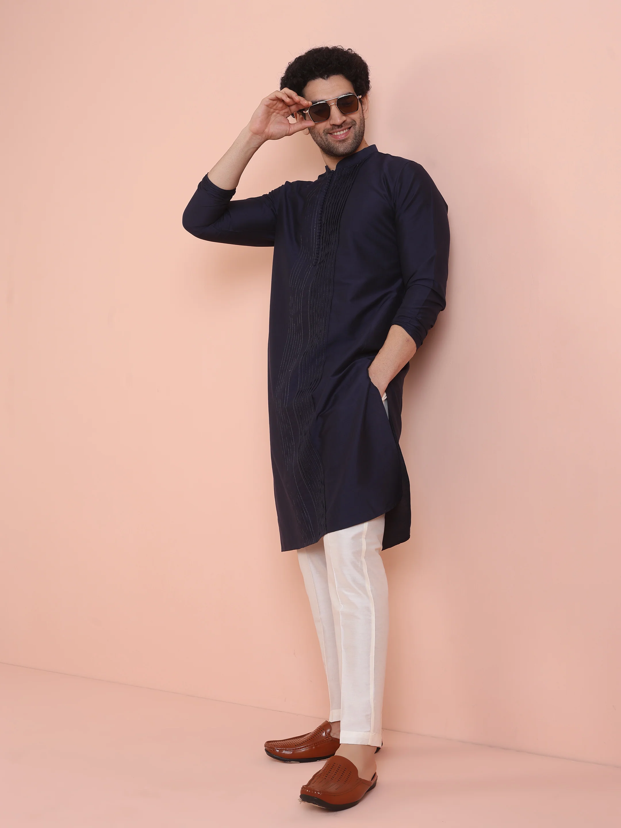 Men Navy Blue Pleated Ethnic Motifs Kurta - Image 7