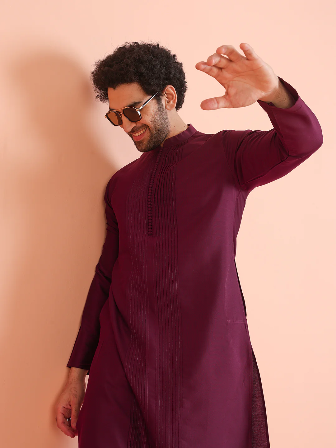 Men Wine Pleated Kurta Trouser Set - Image 2