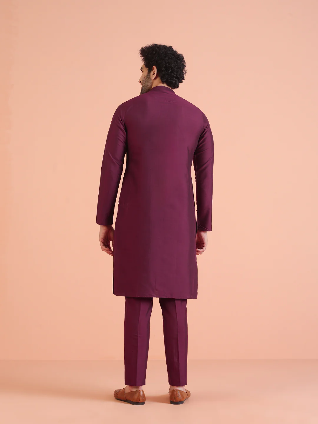 Men Wine Pleated Kurta Trouser Set - Image 5