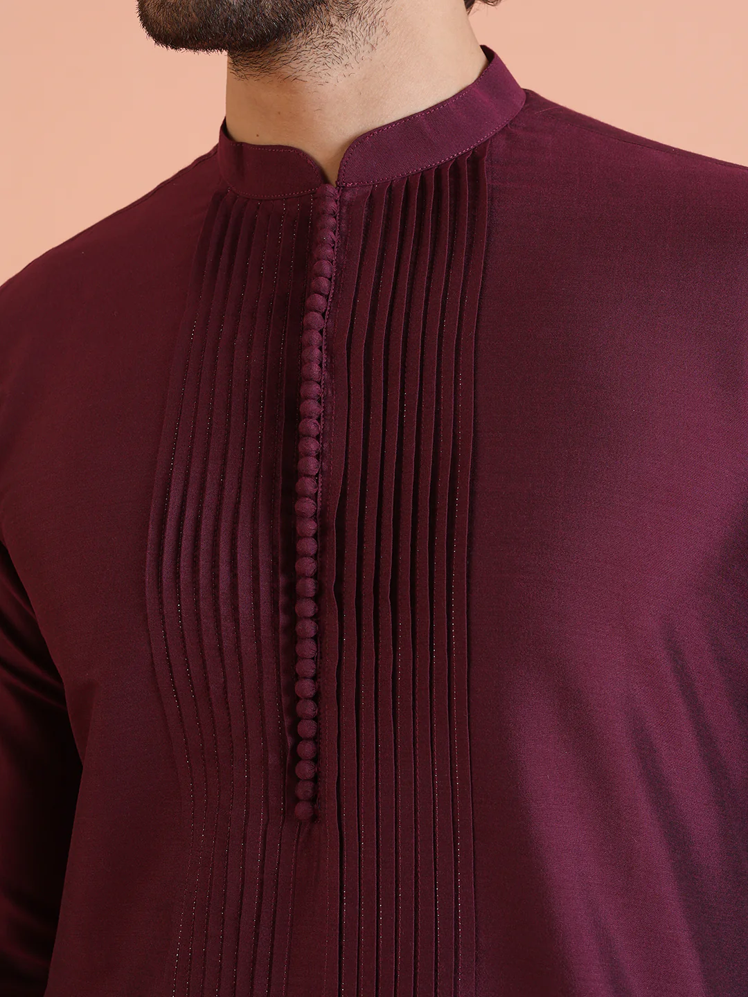 Men Wine Pleated Kurta Trouser Set - Image 6