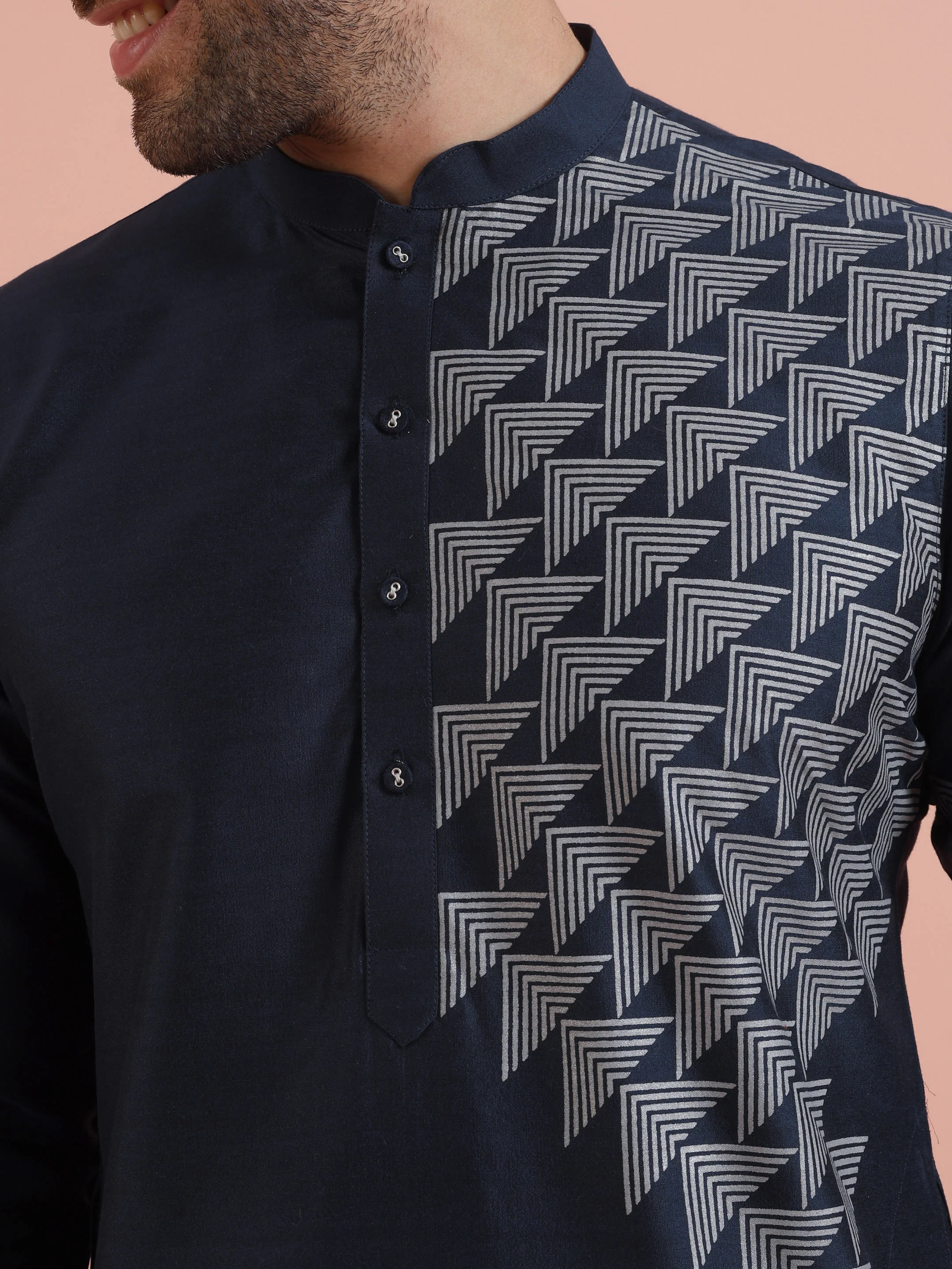 Men Navy Blue Printed Geometric Kurta Trouser Set - Image 6