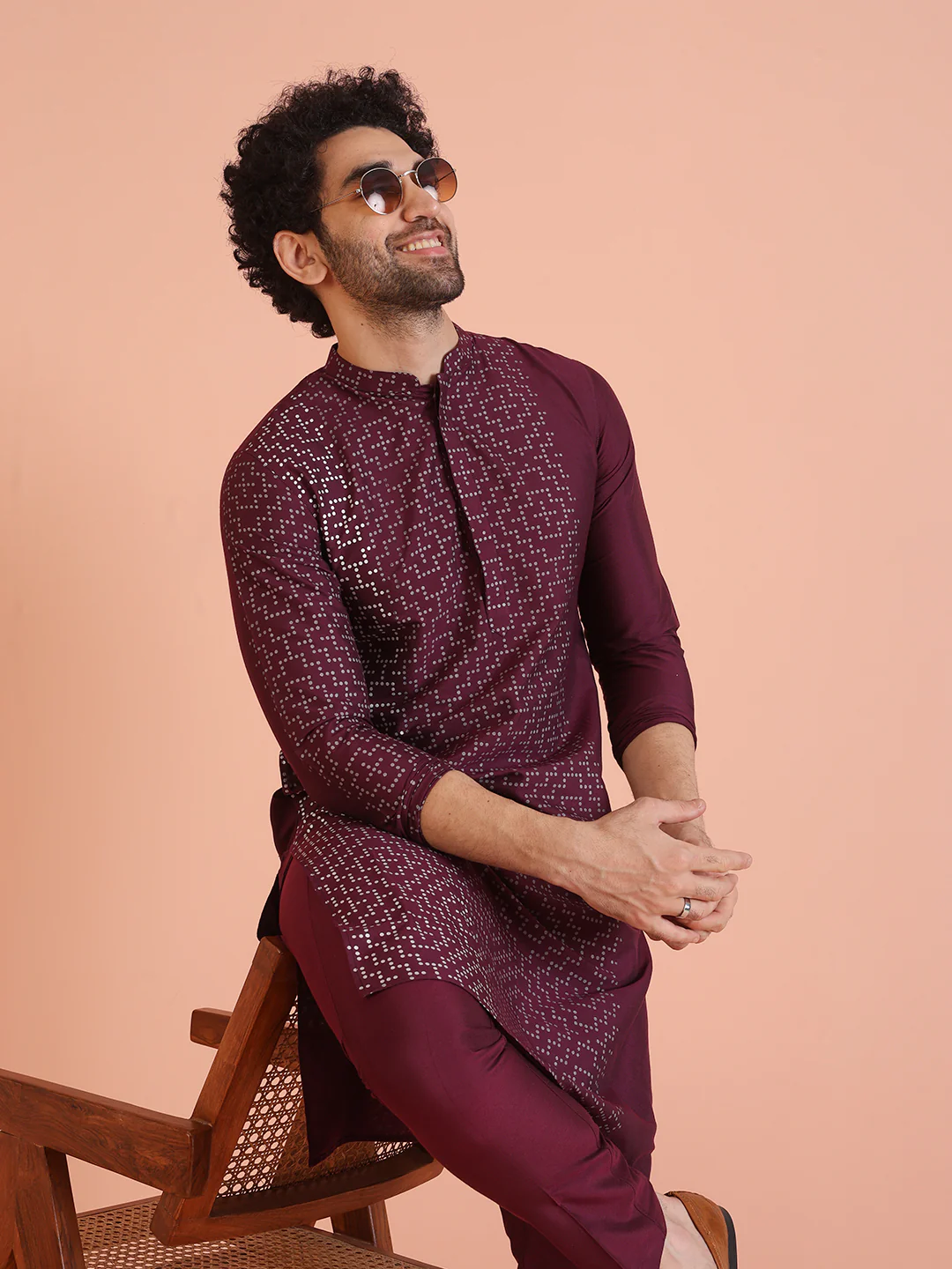 Wine Geometric Foil Printed Kurta - Image 5