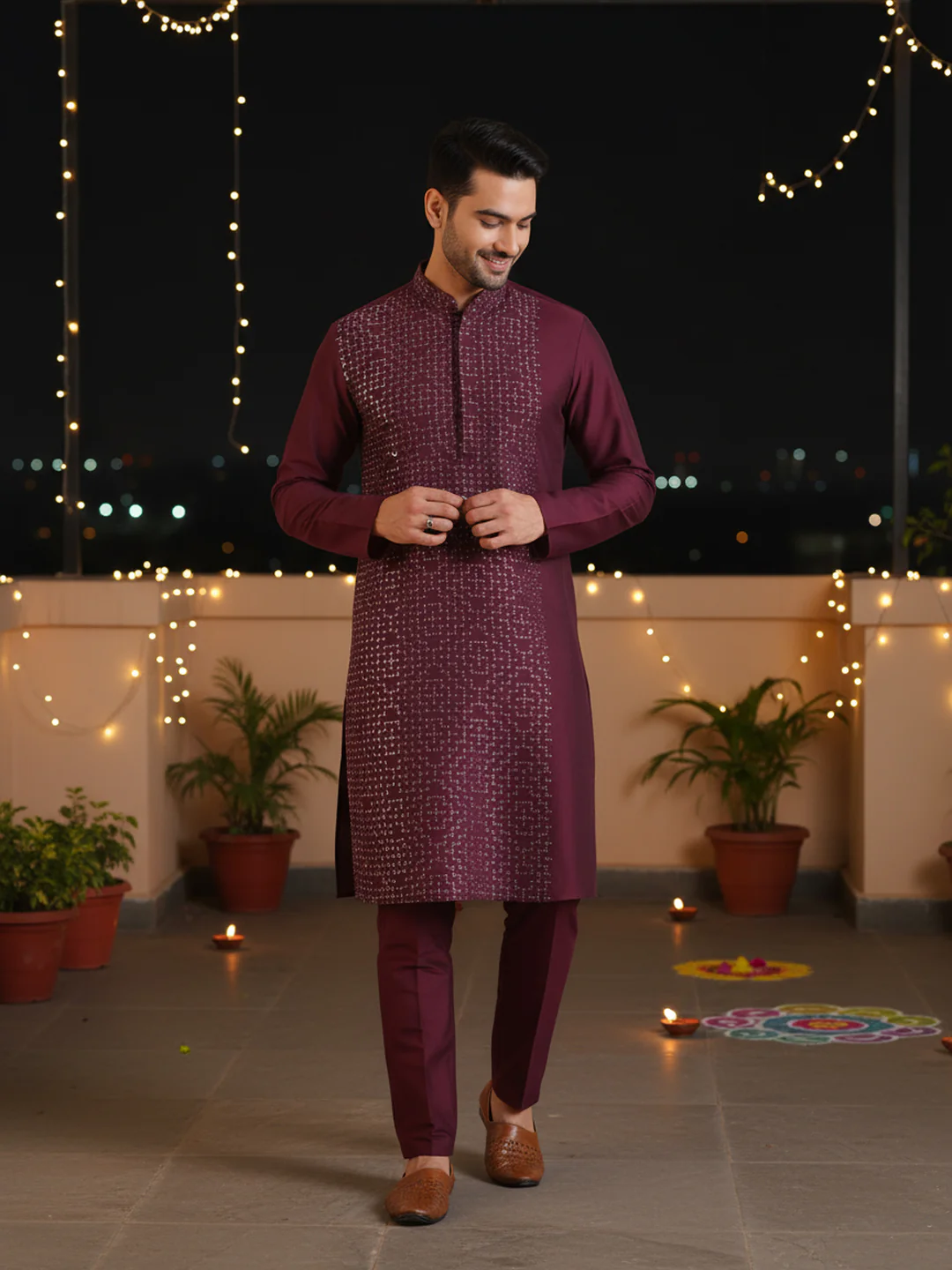 Wine Silk Blend Kurta Geometric Printed Long Kurta with Matching Trouser Set - Image 2