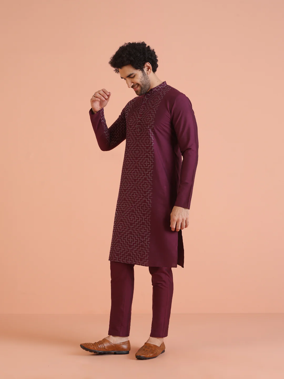 Wine Silk Blend Kurta Geometric Printed Long Kurta with Matching Trouser Set - Image 3