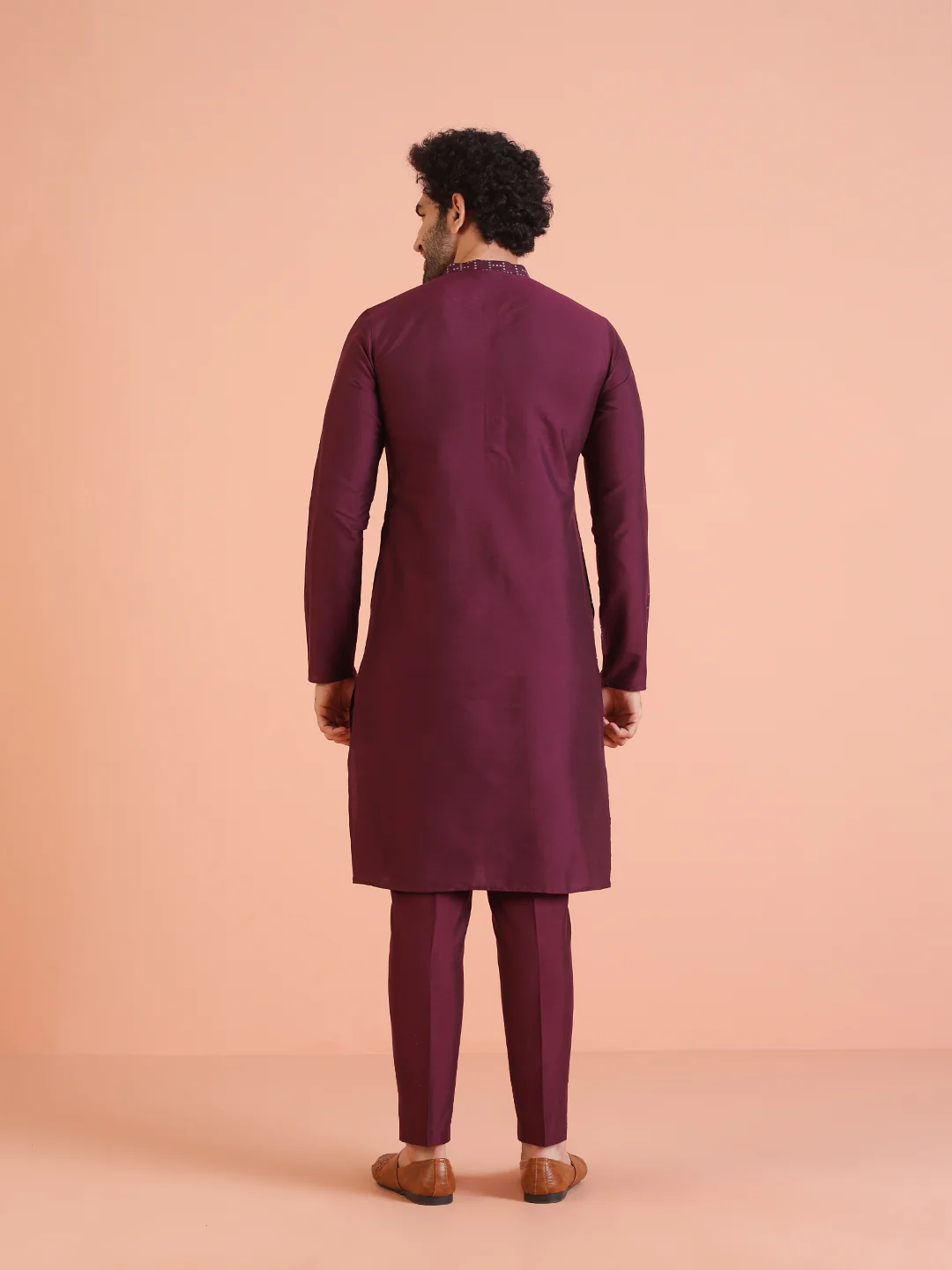 Wine Silk Blend Kurta Geometric Printed Long Kurta with Matching Trouser Set - Image 4