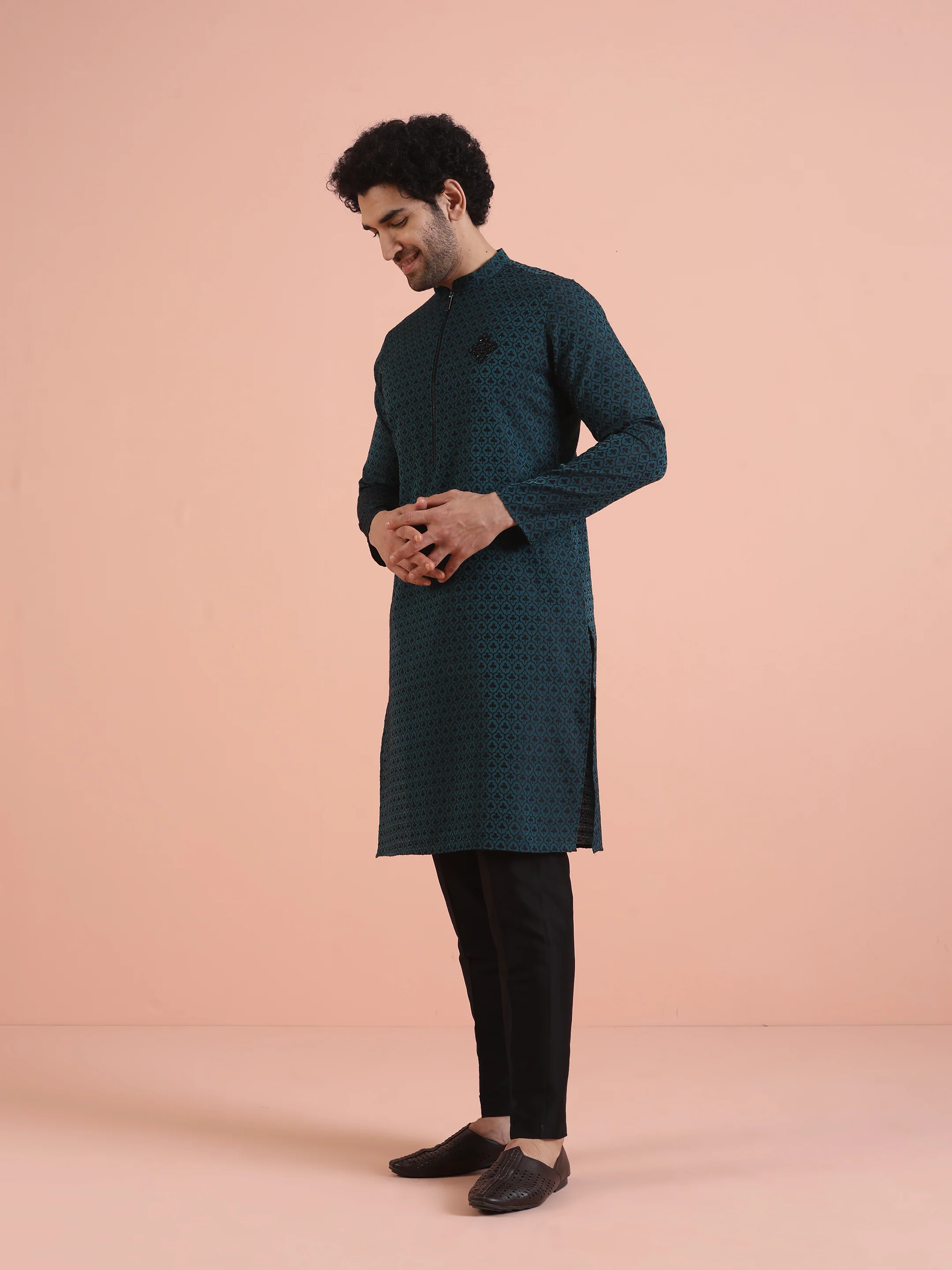 Men Teal Jacquard Patch Work Kurta - Image 3