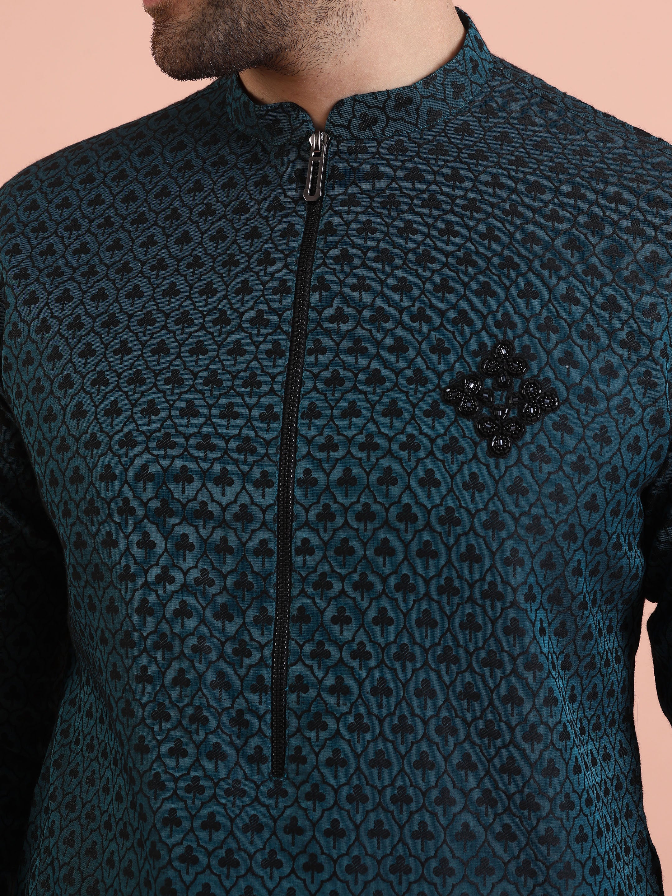 Men Teal Jacquard Patch Work Kurta - Image 5