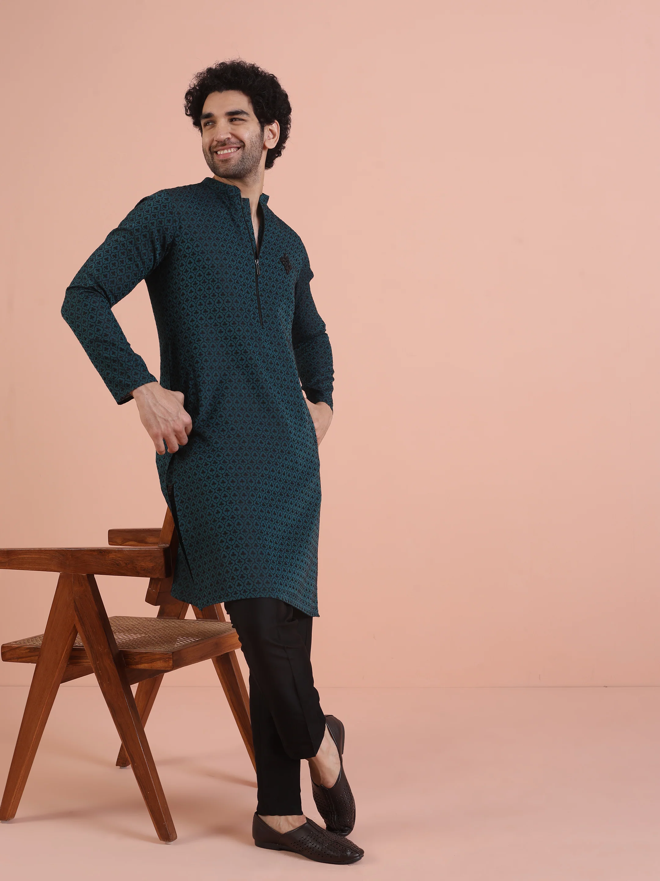 Men Teal Jacquard Patch Work Kurta - Image 7