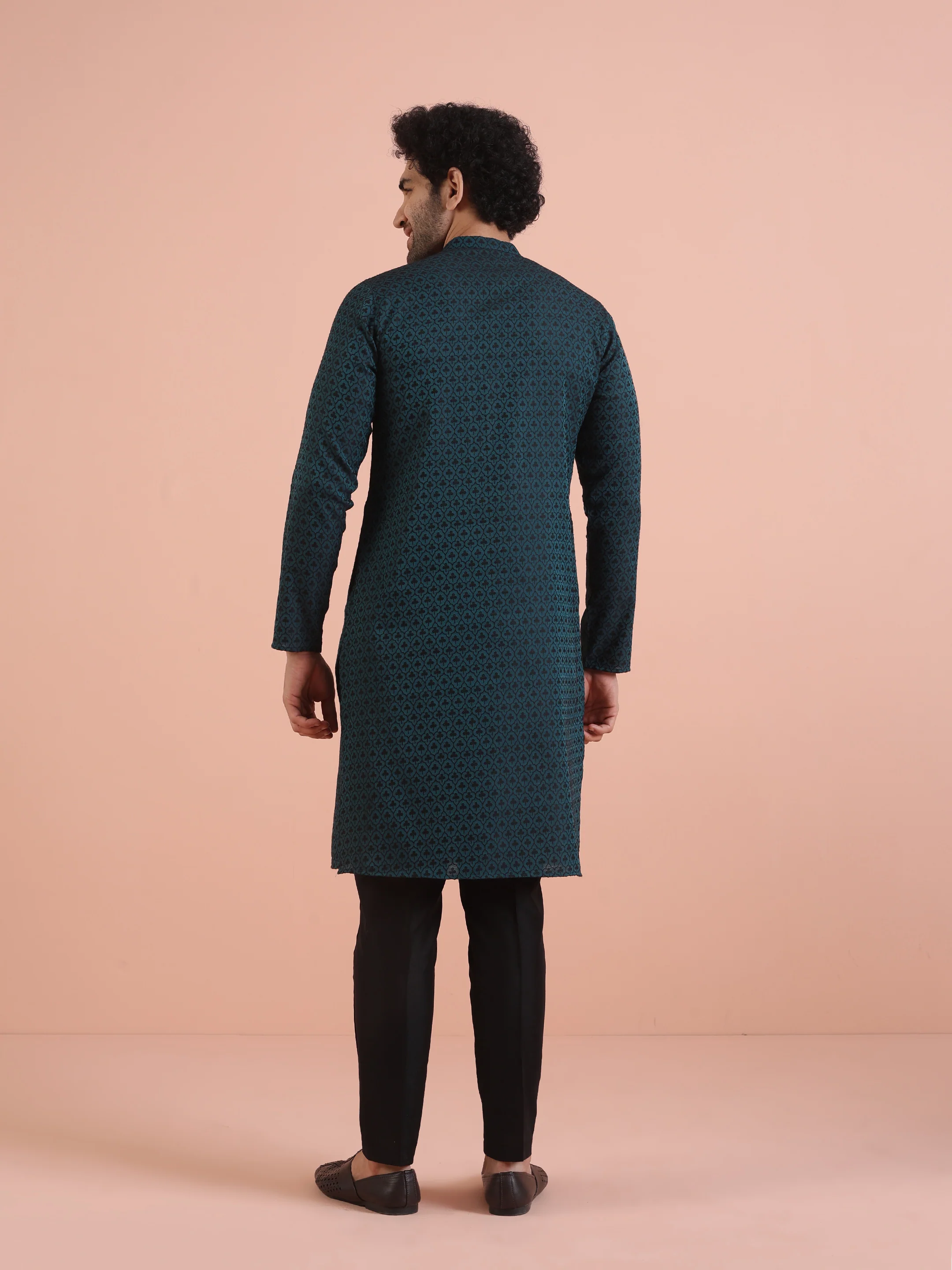 Men Teal Jacquard Patch Work Kurta Trouser Set - Image 4