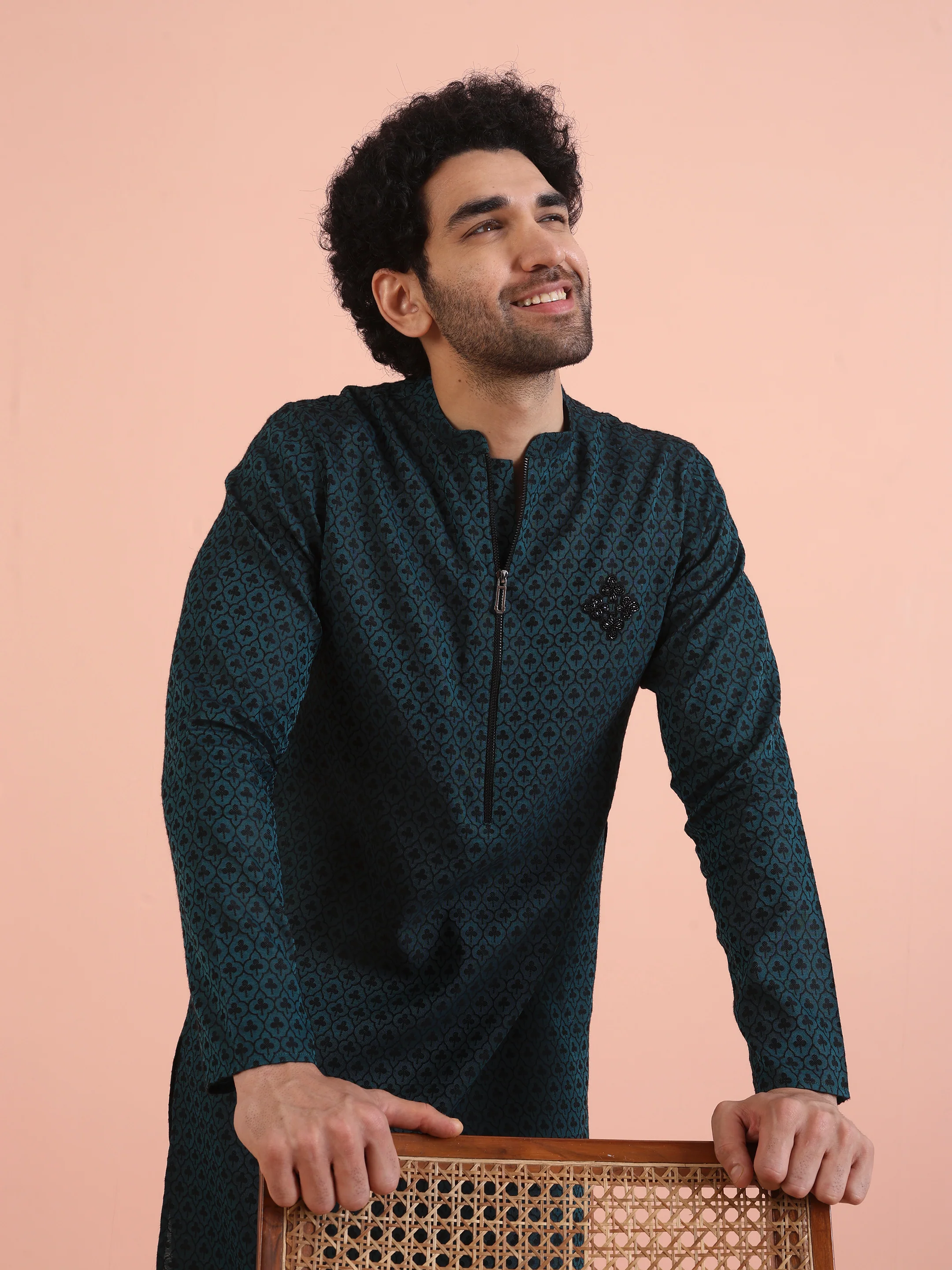 Men Teal Jacquard Patch Work Kurta Trouser Set - Image 7