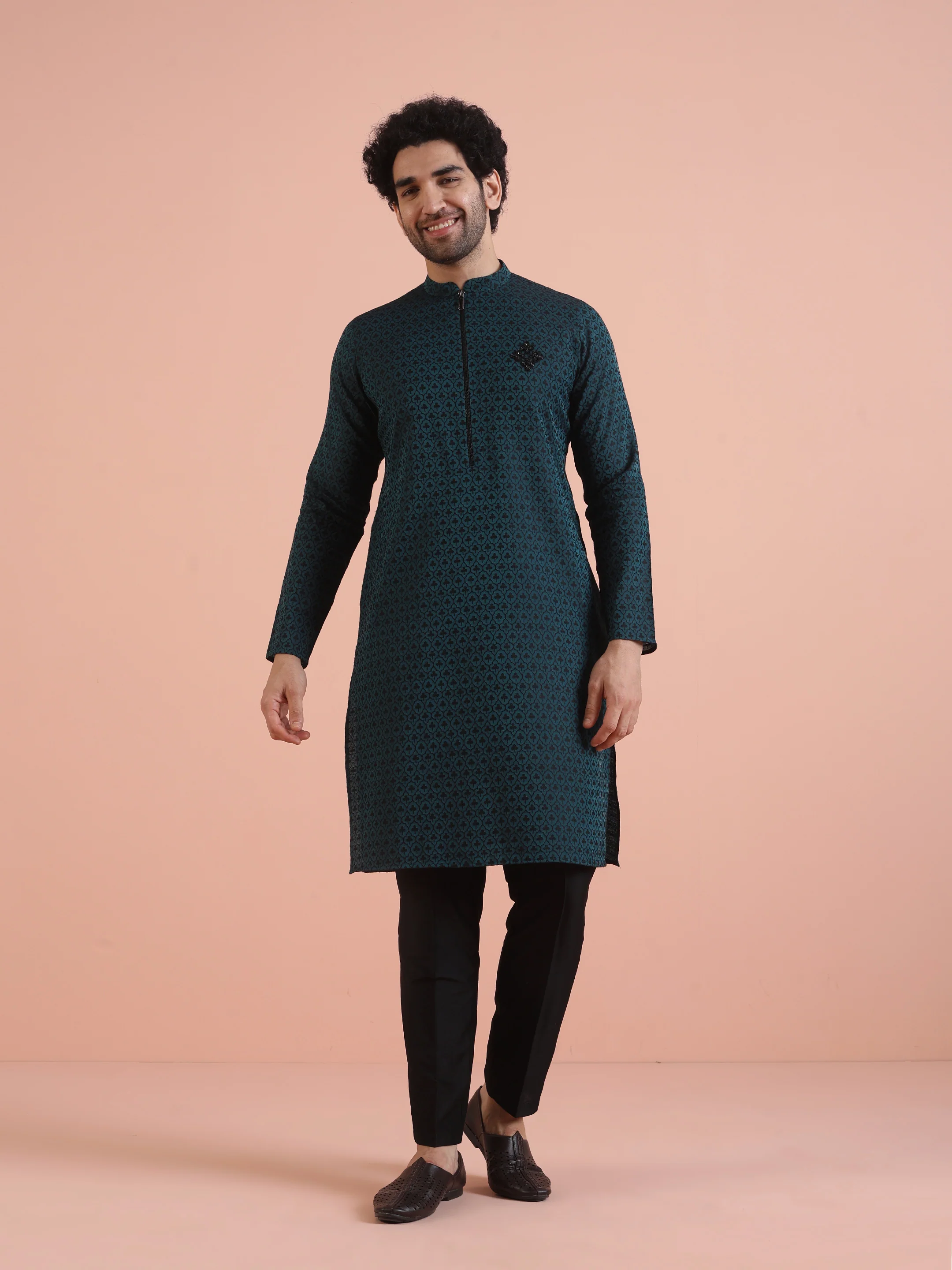 Men Teal Jacquard Patch Work Kurta Trouser Set - Image 8