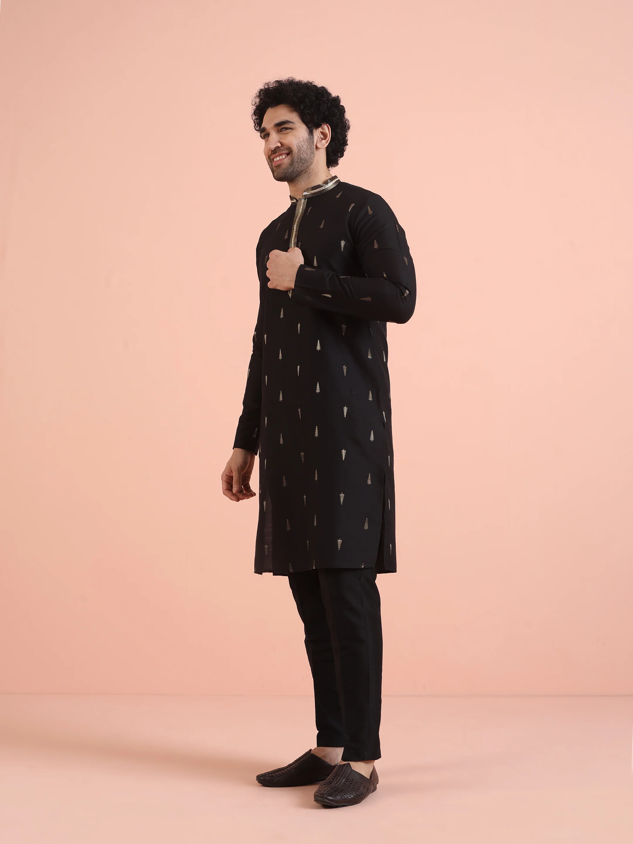 Men Black Jacquard Kurta Trouser Set with Ethnic Motifs - Image 3
