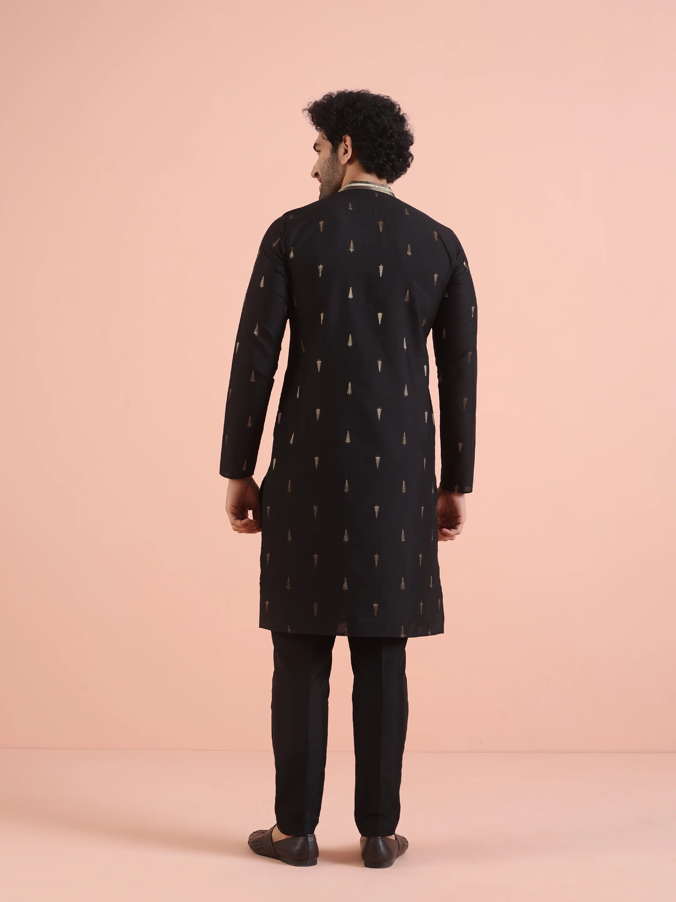 Men Black Jacquard Kurta Trouser Set with Ethnic Motifs - Image 4
