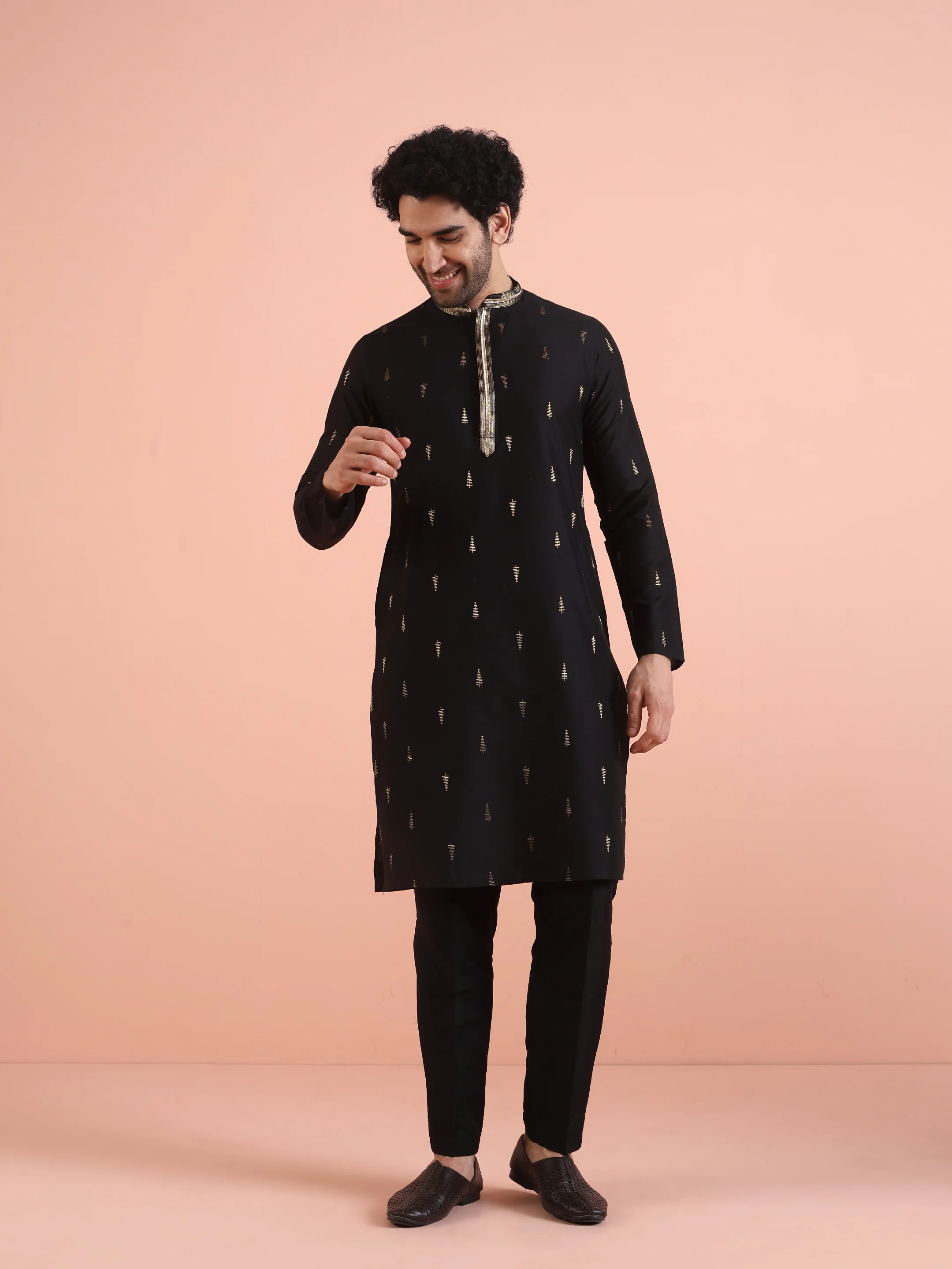 Men Black Jacquard Kurta Trouser Set with Ethnic Motifs - Image 8