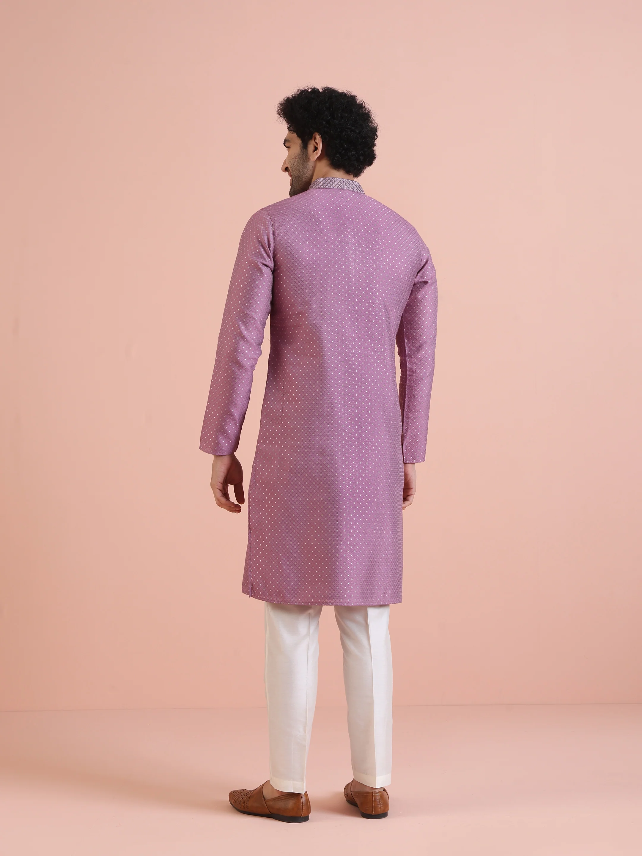 Men Mauve Jacquard Kurta with Thread Work - Image 4