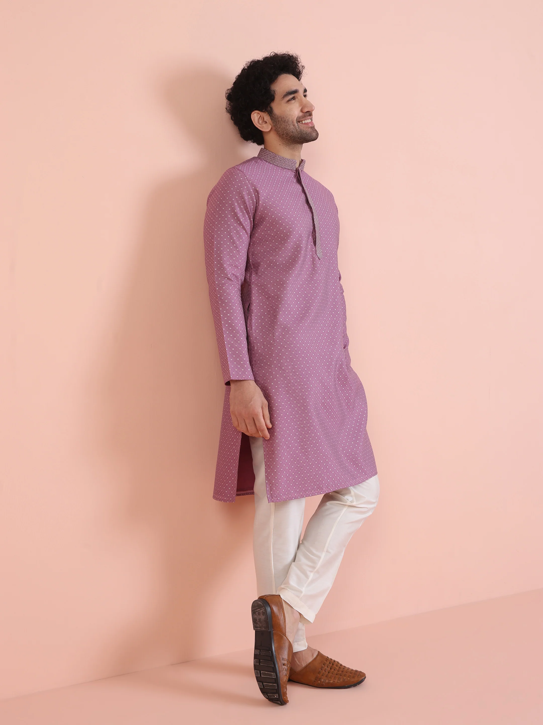 Men Mauve Jacquard Kurta with Thread Work - Image 6