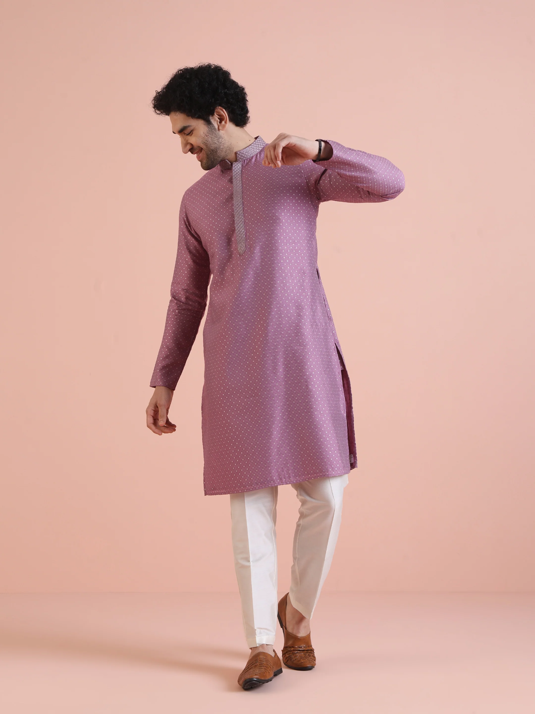 Men Mauve Jacquard Kurta with Thread Work - Image 7