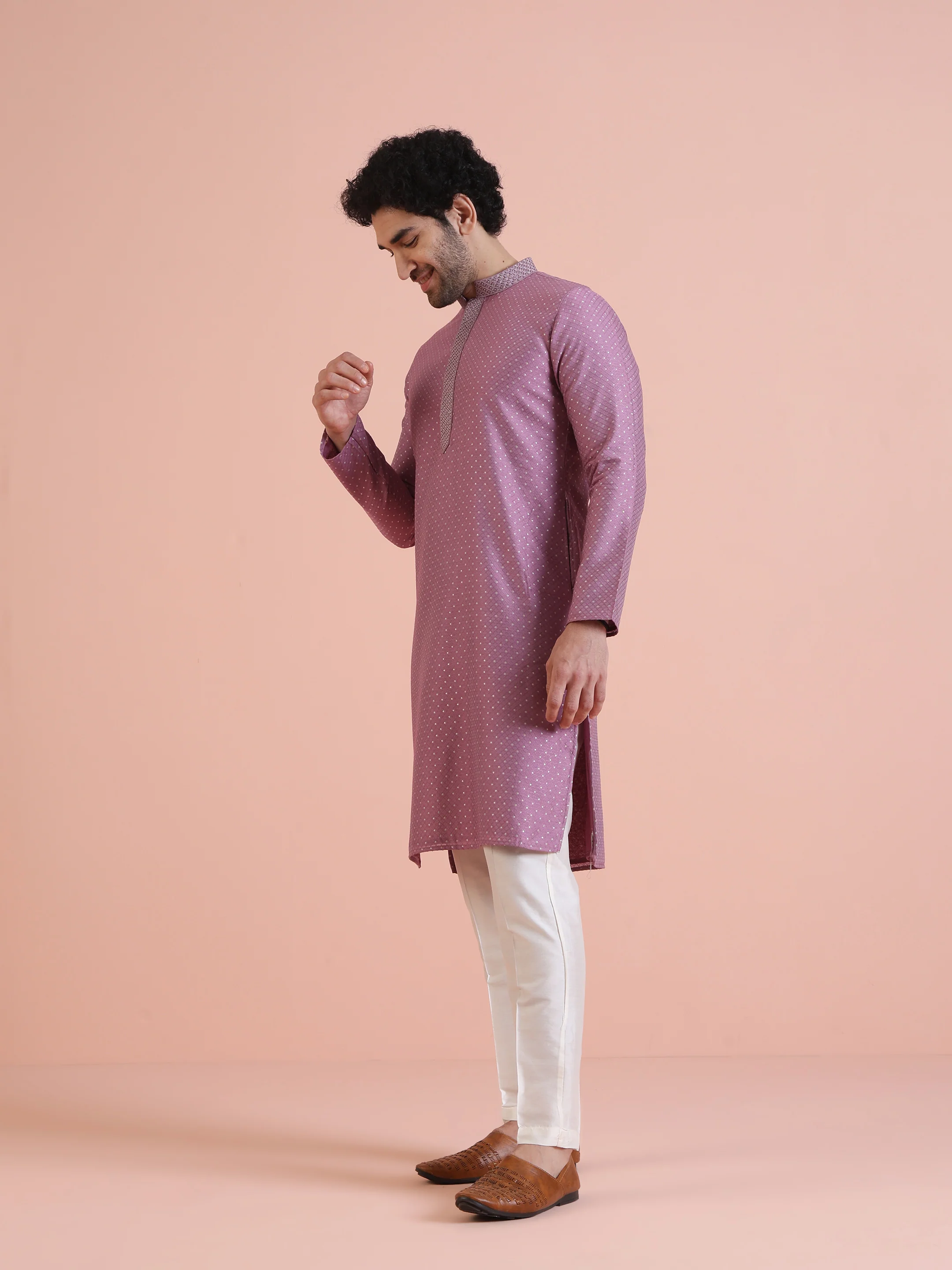 Men Mauve Jacquard Kurta Trouser Set with Thread Work - Image 3