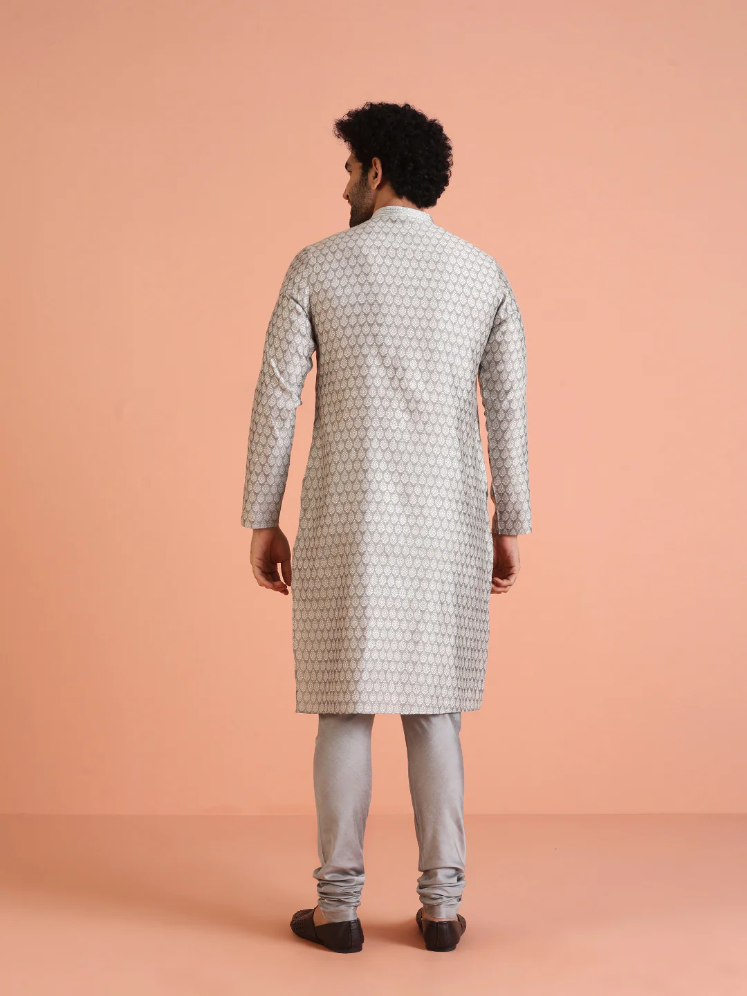 Men Grey Jacquard Ethnic Motifs Kurta Churidar Set - Image 5
