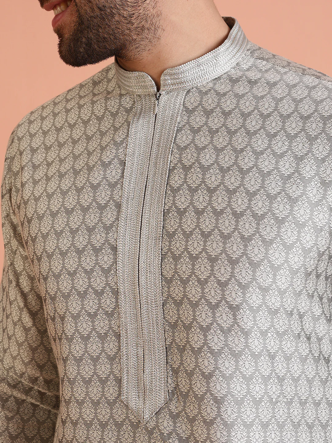 Men Grey Jacquard Ethnic Motifs Kurta Churidar Set - Image 6