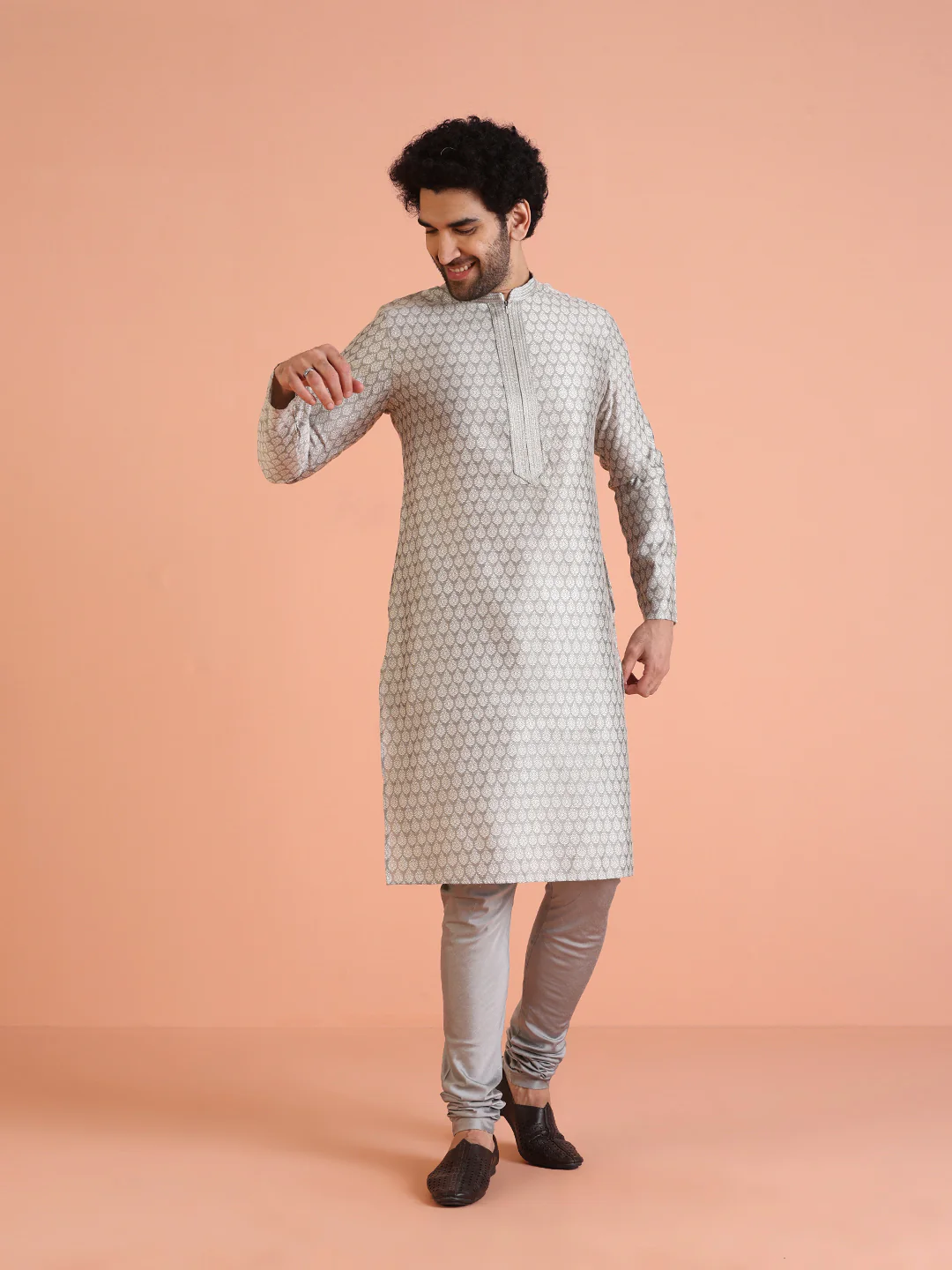 Men Grey Jacquard Ethnic Motifs Kurta Churidar Set - Image 8