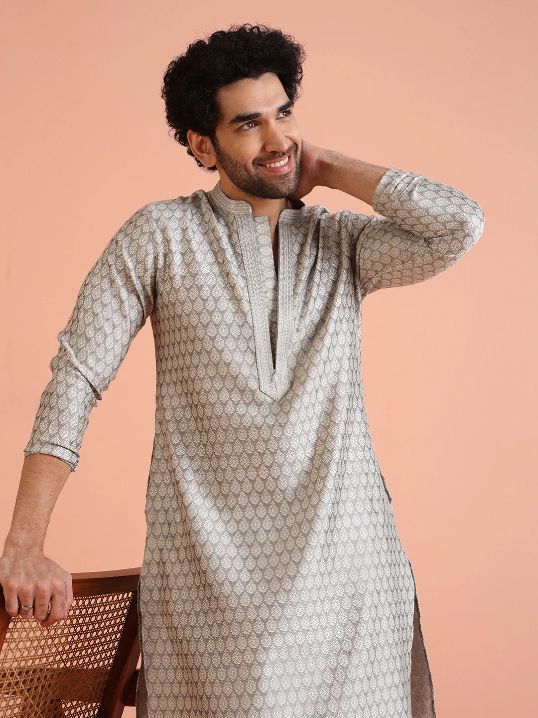 Men Grey Jacquard Ethnic Motifs Kurta - Image 6