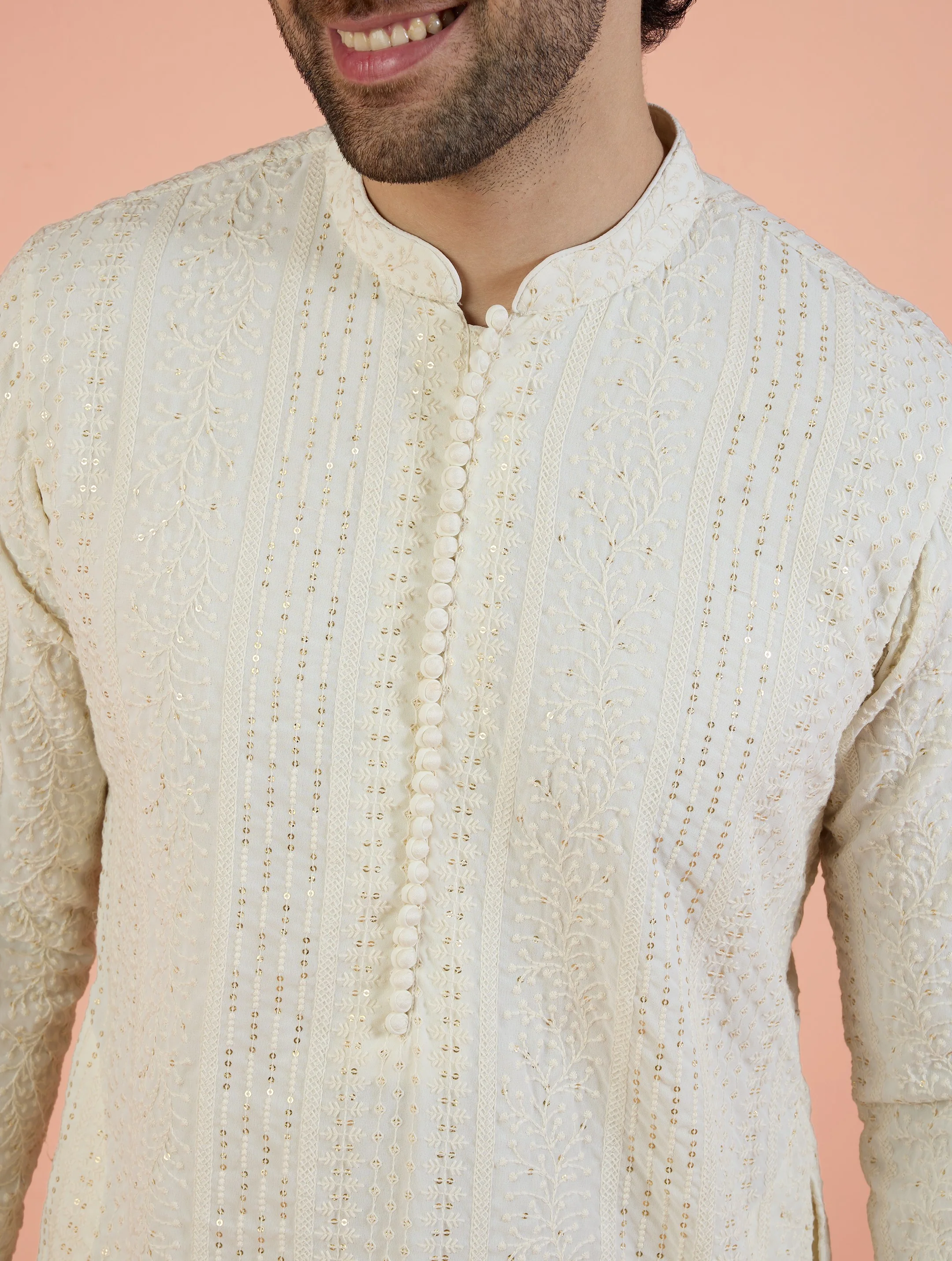 Men Off White Embroidered Kurta Trouser Set with Ethnic Motifs - Image 5
