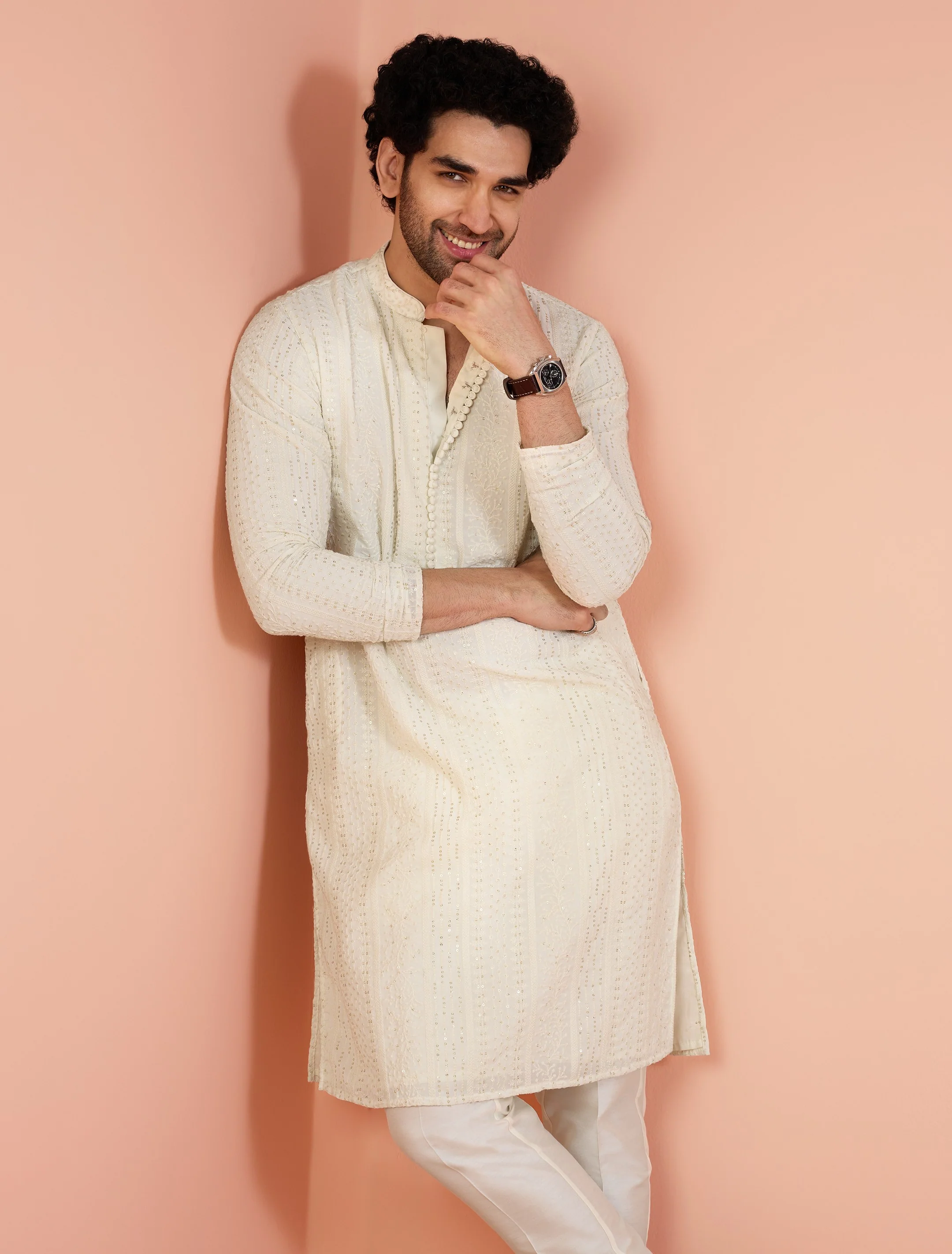 Men Off White Embroidered Kurta Trouser Set with Ethnic Motifs - Image 7