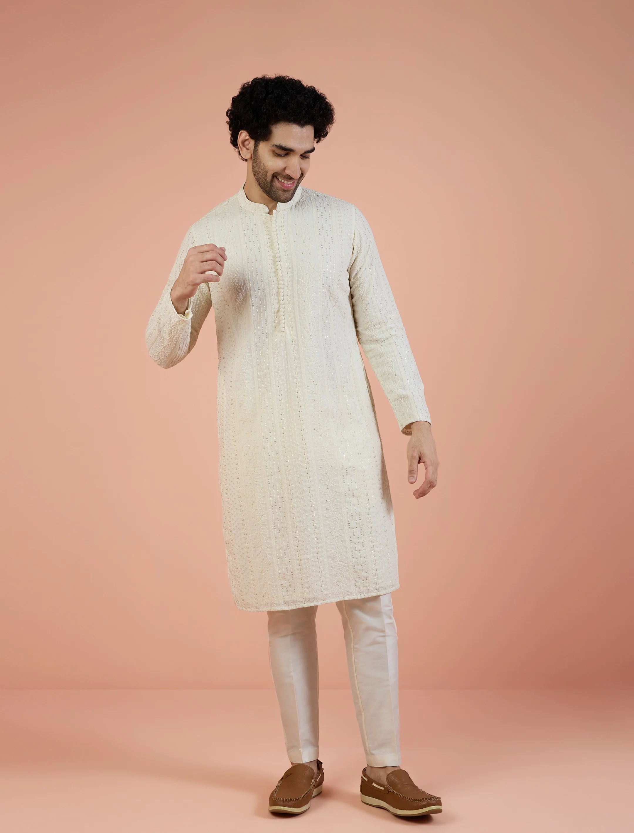 Men Off White Embroidered Kurta Trouser Set with Ethnic Motifs - Image 8