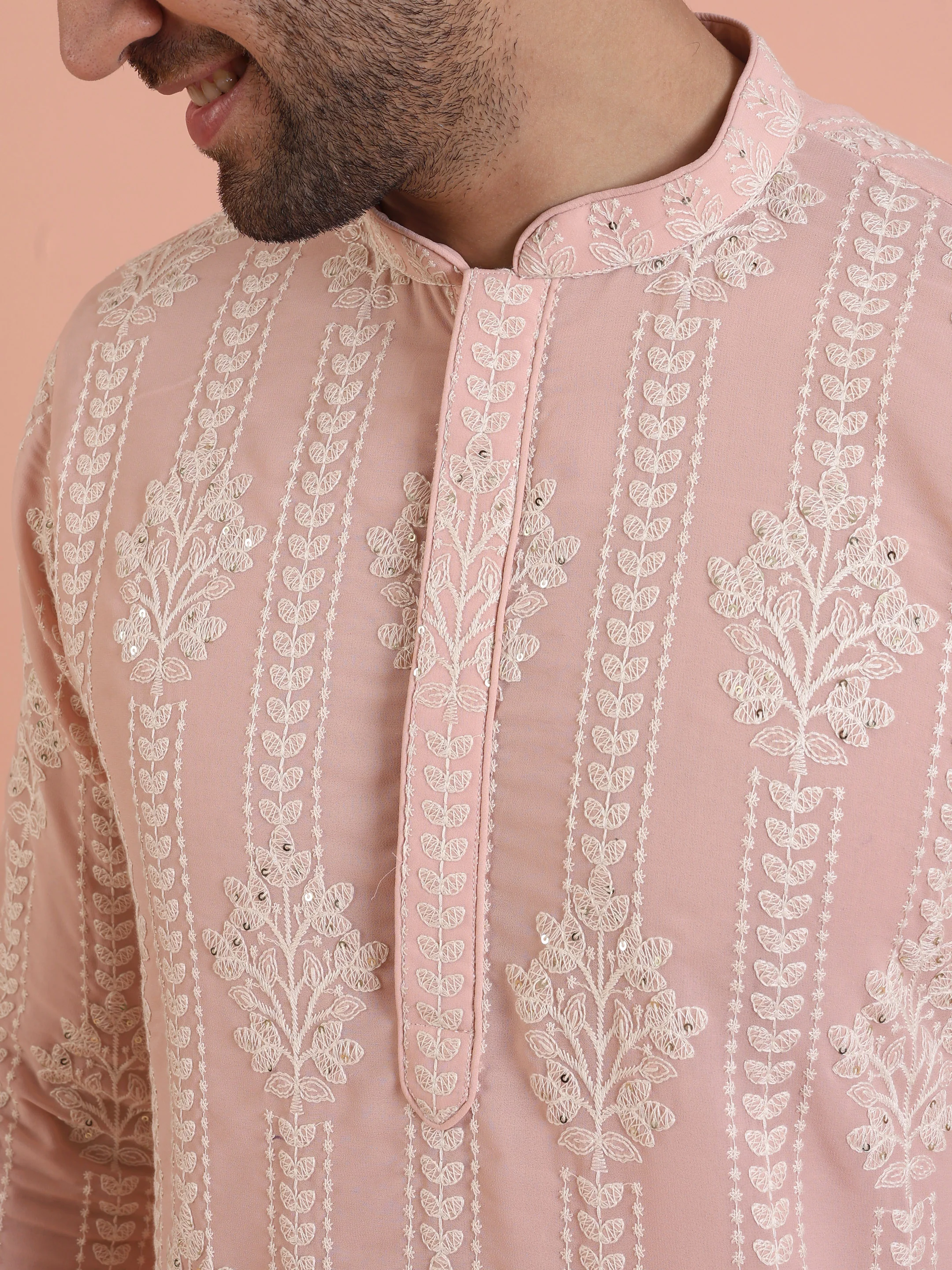 Men Pink Embroidered Chikankari Kurta - Image 5