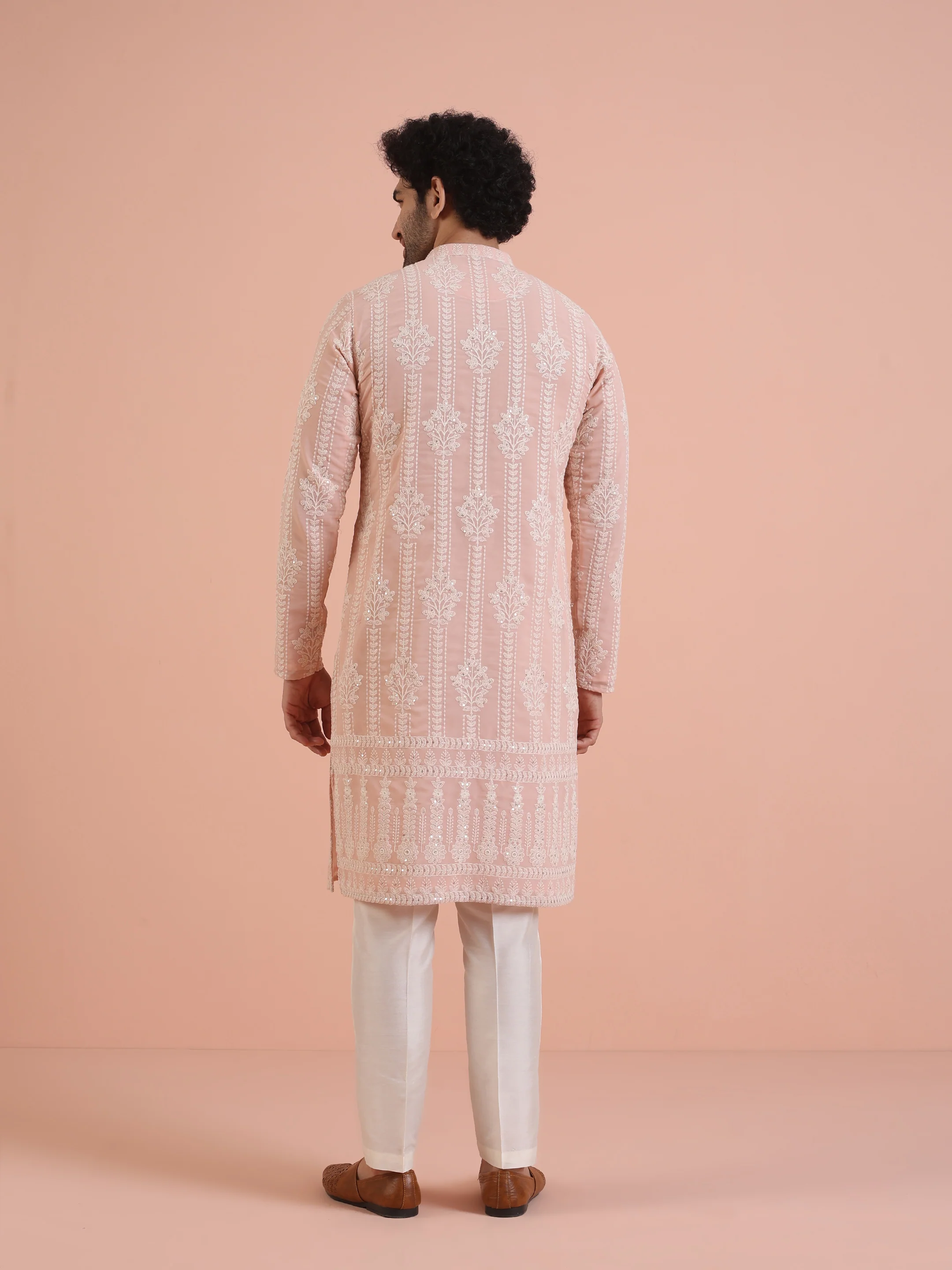 Men Pink Embroidered Chikankari Kurta Trouser Set - Image 4