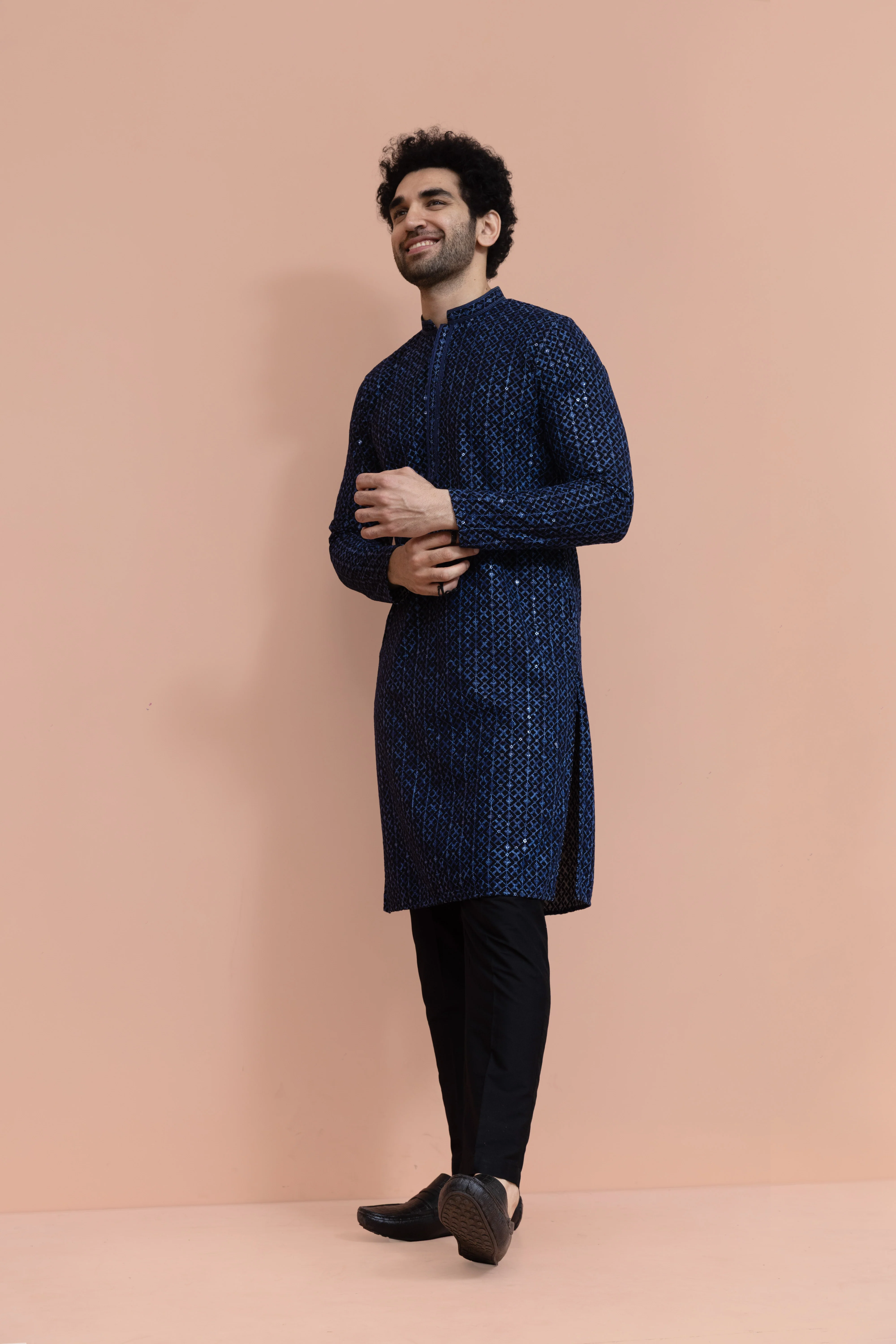 Men Blue Geometric Heavy Thread Work Kurta - Image 3