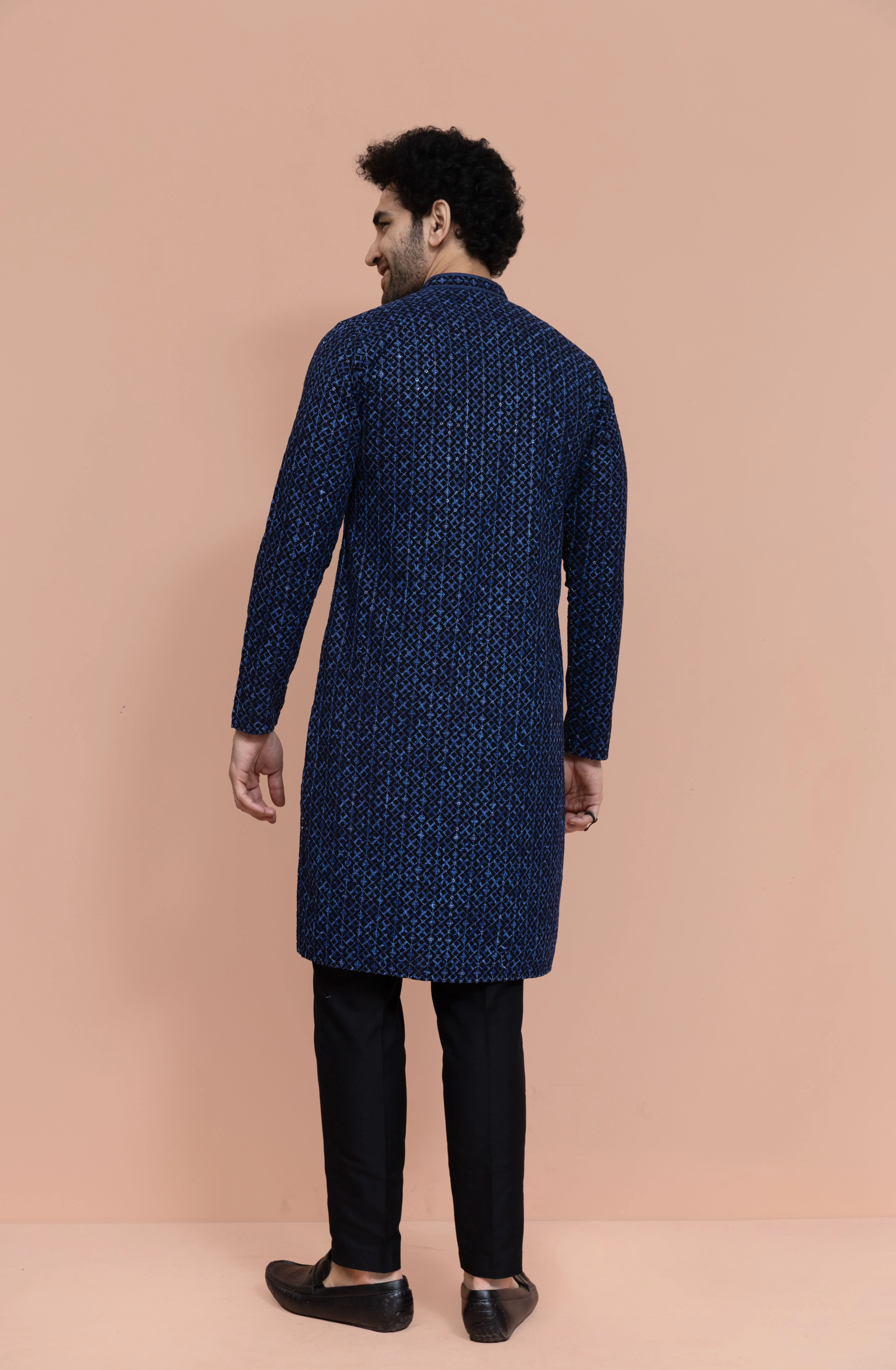Men Blue Geometric Heavy Thread Work Kurta - Image 4