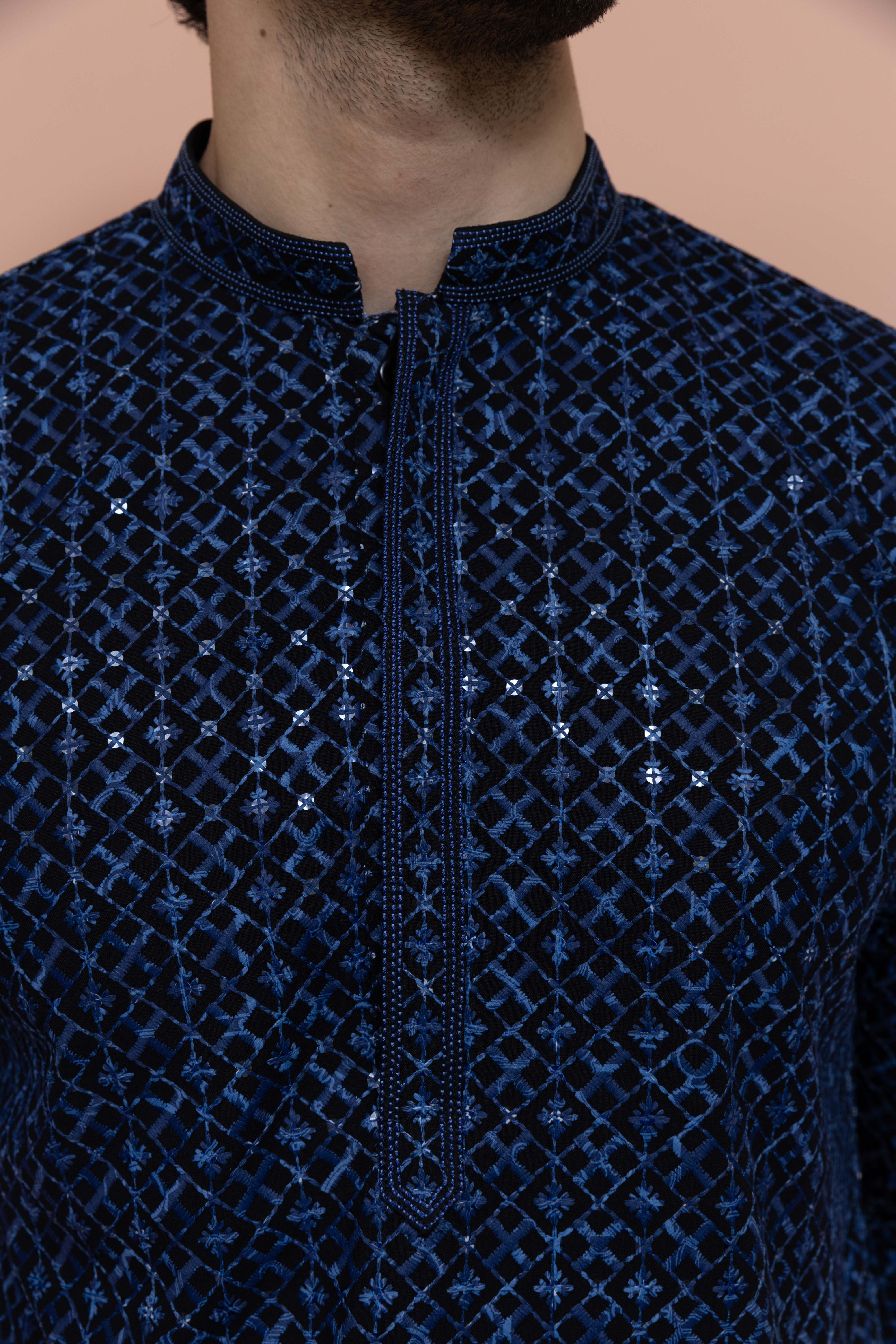Men Blue Geometric Heavy Thread Work Kurta - Image 5