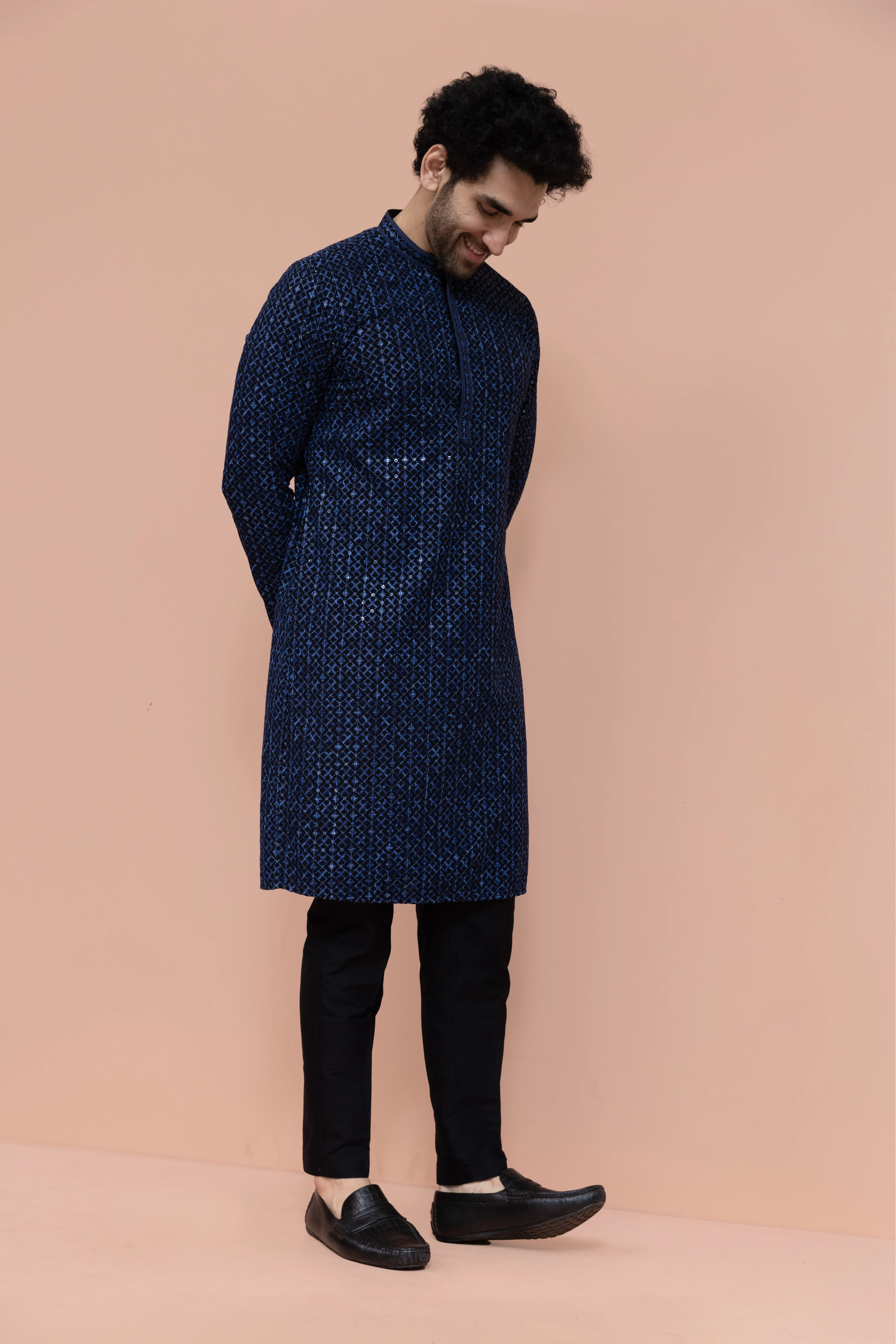 Men Blue Geometric Heavy Thread Work Kurta Trouser Set - Image 8
