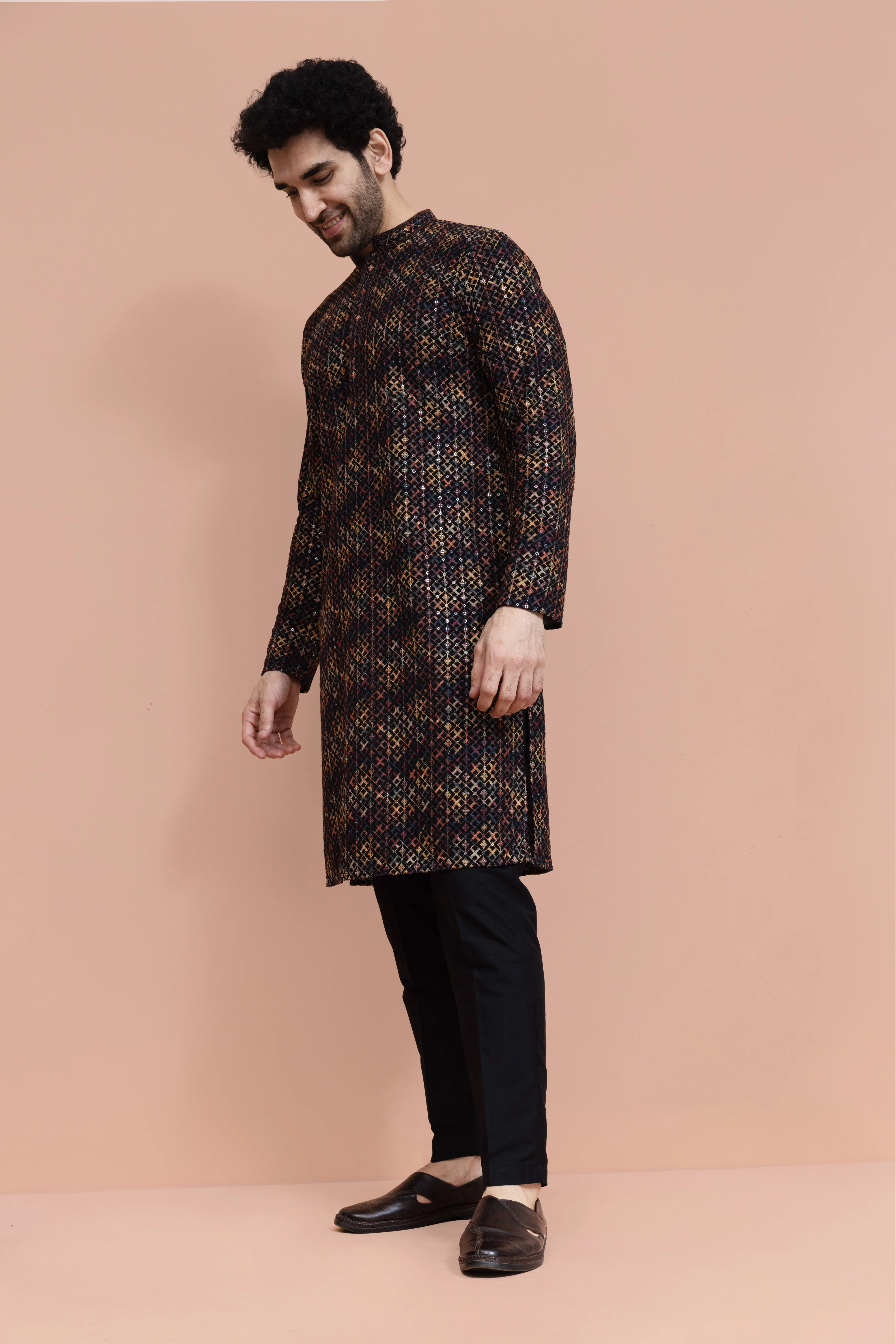 Men Multi Geometric Heavy Thread Work Kurta - Image 2