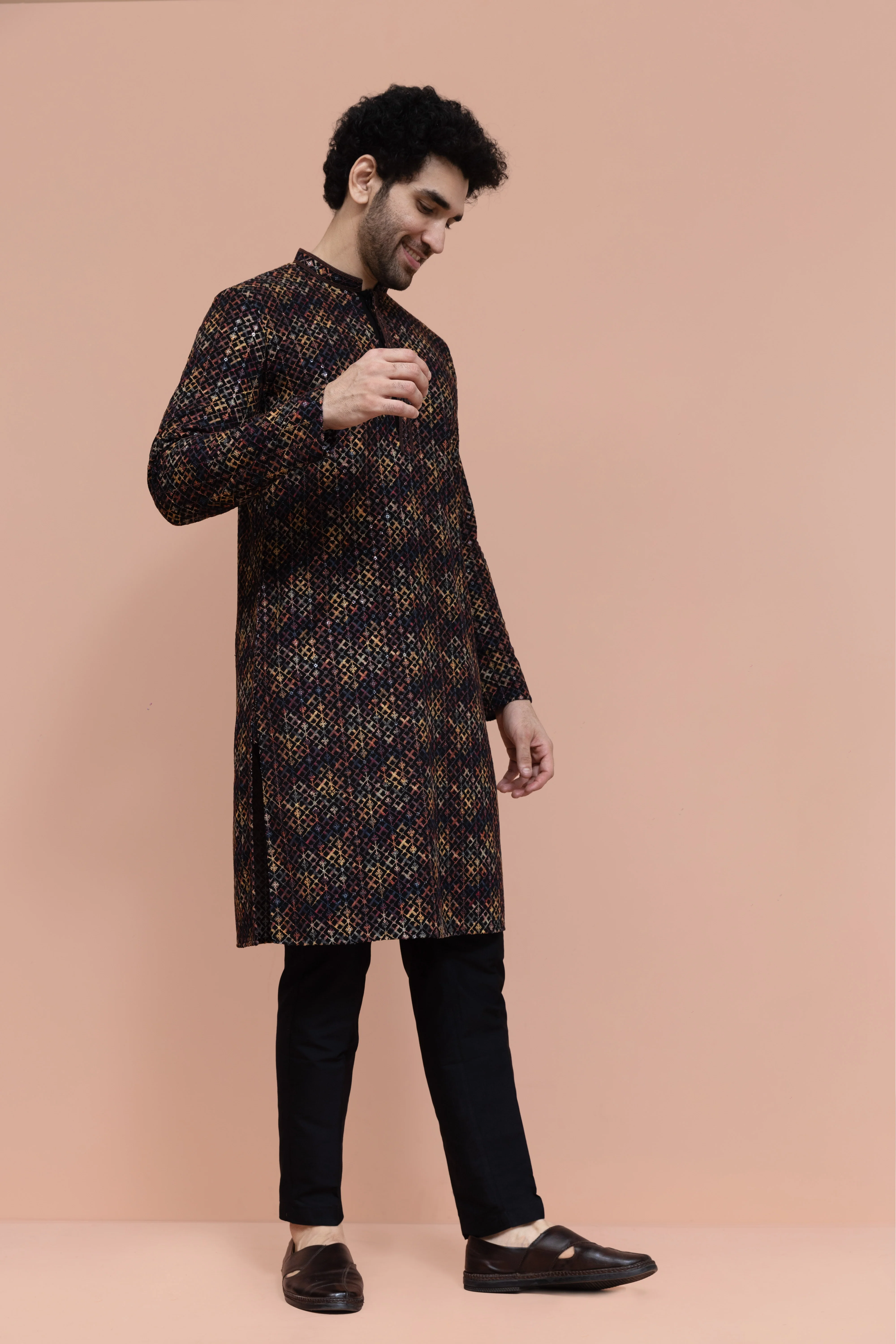 Men Multi Geometric Heavy Thread Work Kurta - Image 3
